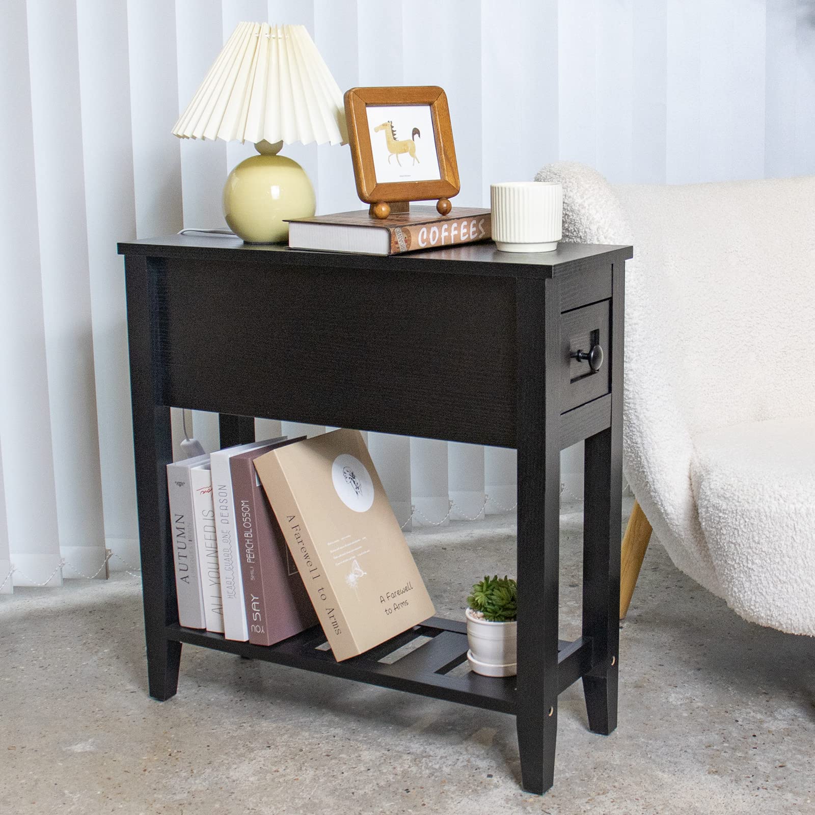 Slim Black Narrow End Table with Drawer - Space Saving Nightstand Set of 2 - Modern Side Table for Bedroom, Living Room & Small Spaces - Perfect as Couch Table, Night Stand or Apartment Furniture