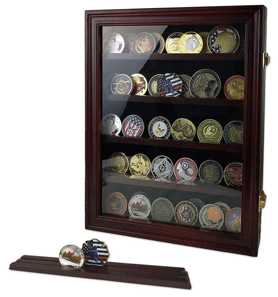 Premium Military Challenge Coin Display Case with Glass Door - Mahogany Finish Shadow Box for Collectors | Perfect for Home, Office & Military Memorabilia Showcase