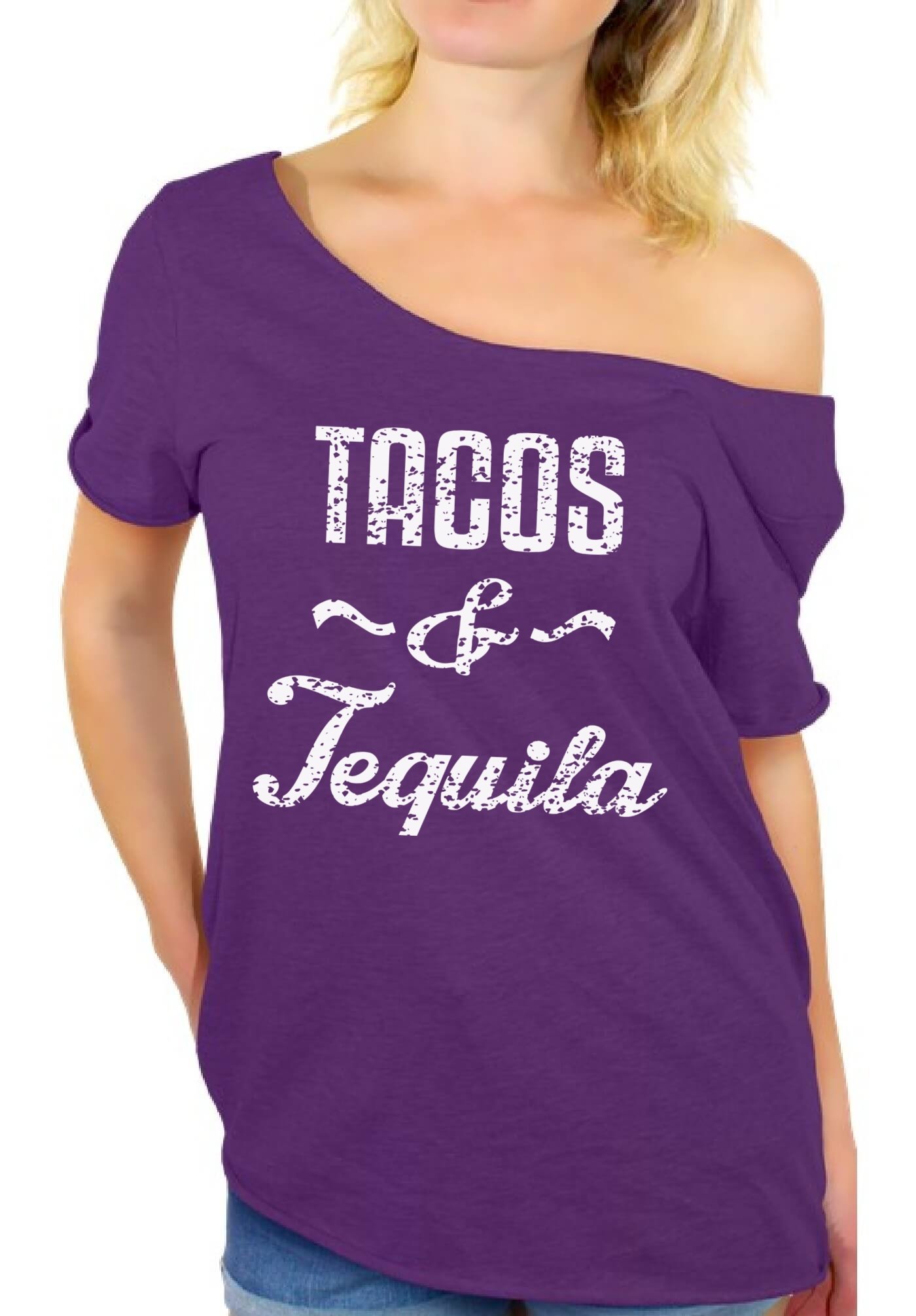 Awkwardstyles Tacos & Tequila White Logo Off Shoulder T-Shirt for Women | Cute Summer Graphic Tee with Bookmark Gift | Perfect for Cinco de Mayo, Girls Night Out & Mexican Theme Parties
