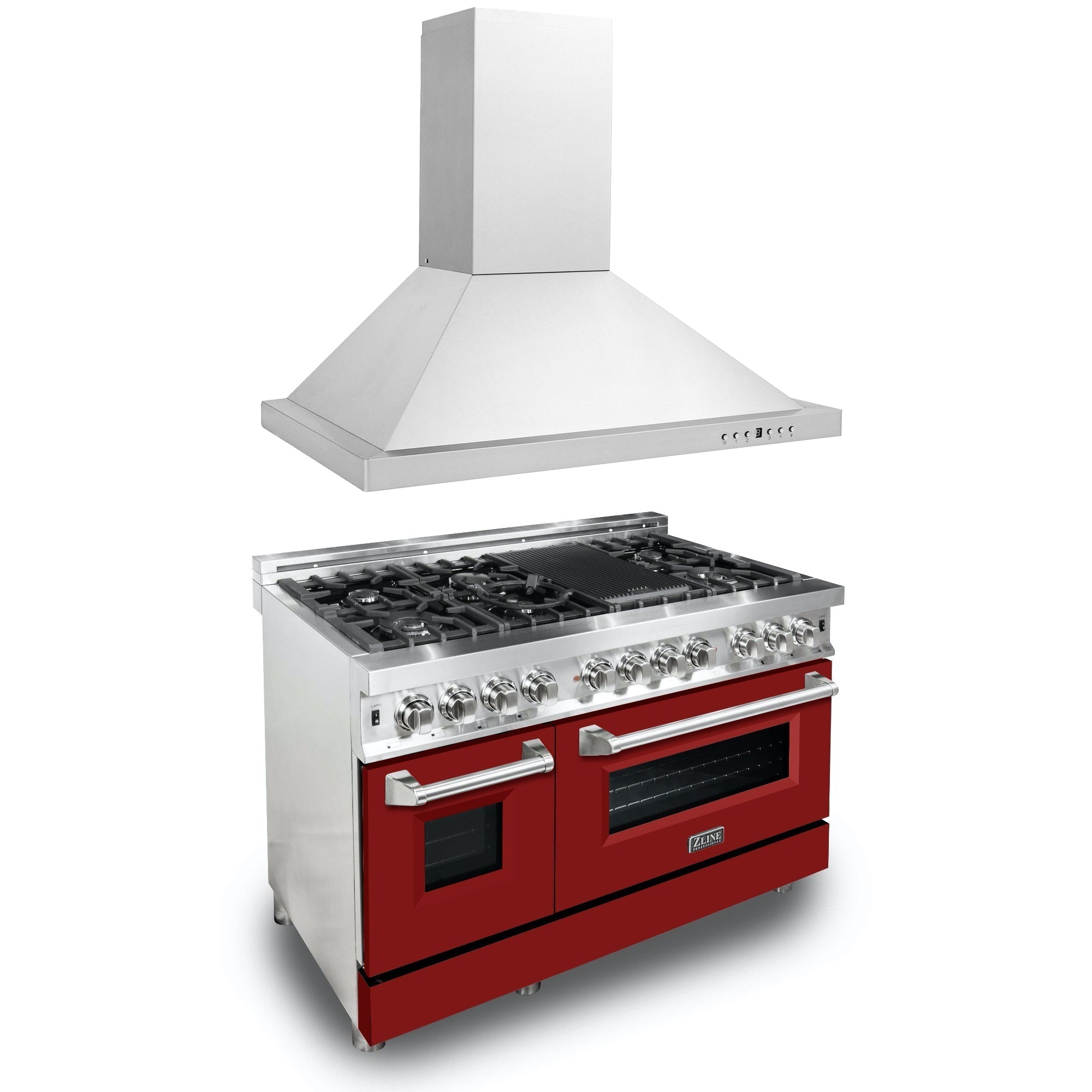 ZLINE 48-Inch Stainless Steel Dual Fuel Range with Red Gloss Door & Convertible Vent Hood - Professional Kitchen Package (2KP RARGRH48) for Home Chefs & Restaurant-Style Cooking
