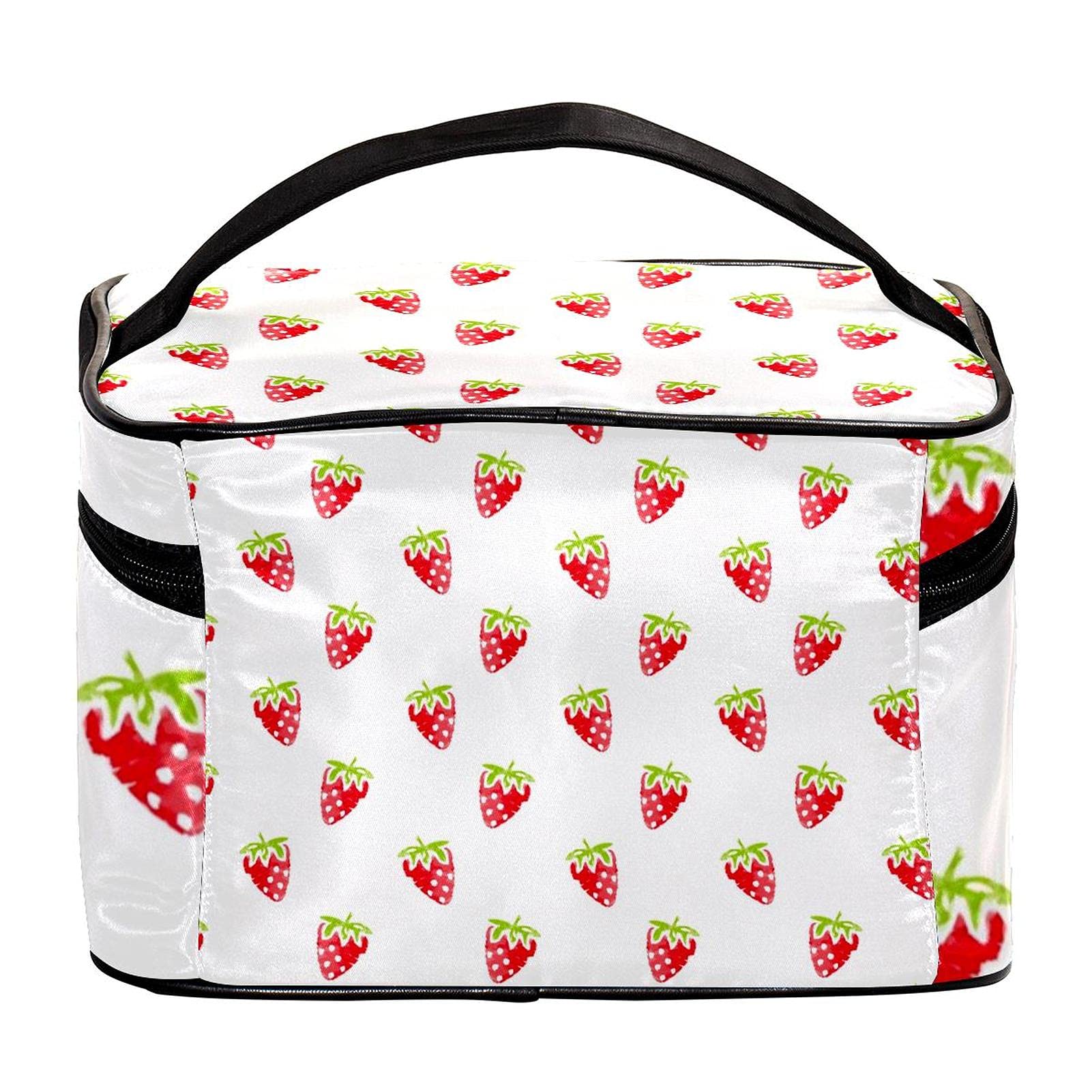 Hand Drawn Strawberry Pattern Travel Makeup Bag - Large Cosmetic Organizer with Zipper for Women & Girls | Perfect for Vacation, Gym & Daily Essentials Storage