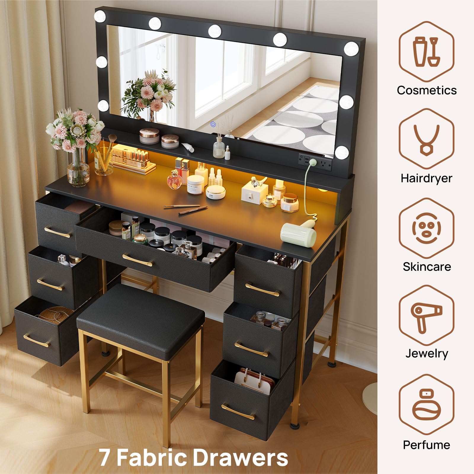 Rolanstar Vanity Desk with Mirror and Lights - Makeup Vanity Set with Upholstered Stool, 7 Fabric Drawers, 9 LED Bulbs & Power Outlets - Black and Gold Dressing Table with RGB Strip Lights for Bedroom, Home Decor & Beauty Routine