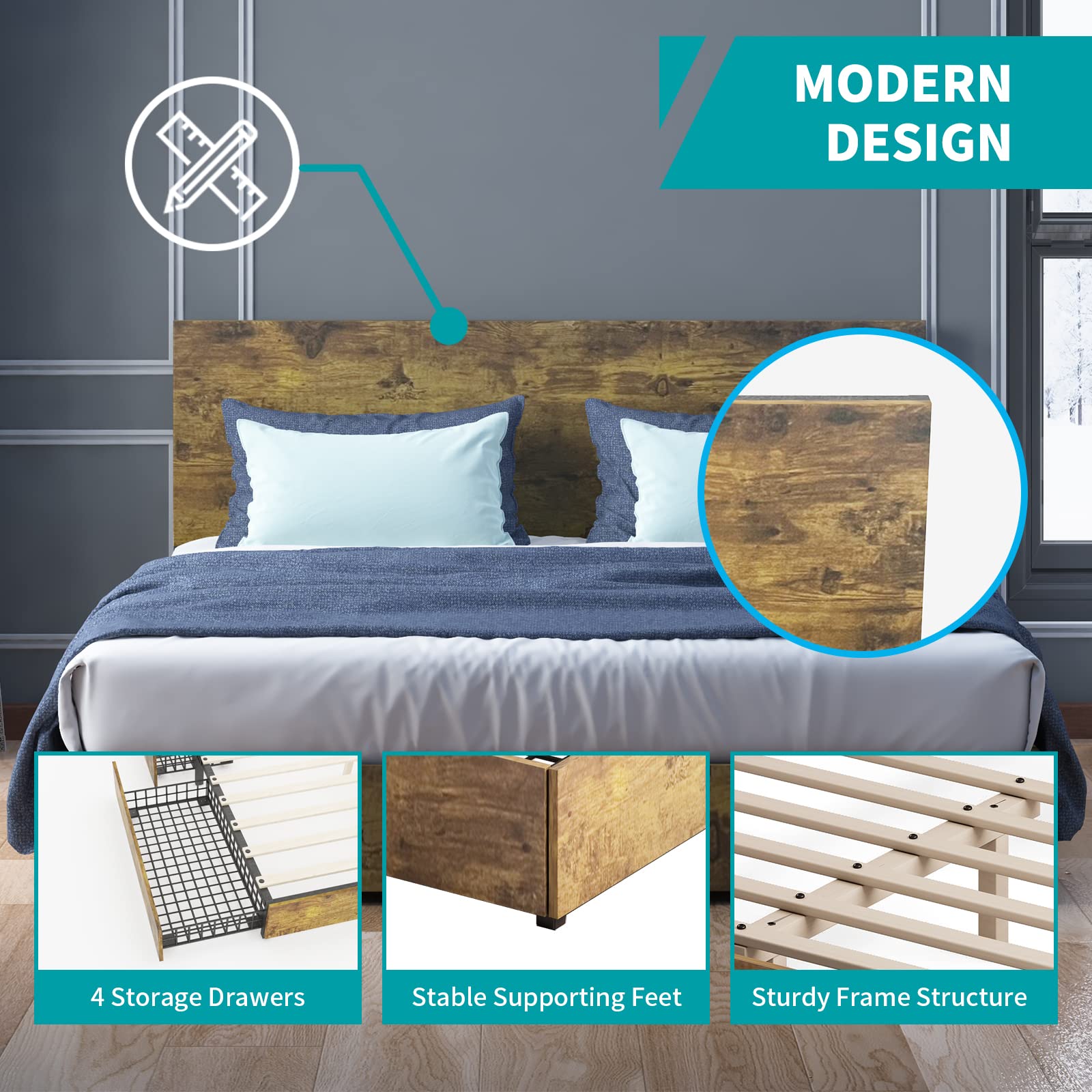 BALUS King Size Bed Frame with Headboard & 4 Storage Drawers - Heavy Duty Wood & Metal Platform Bed, No Box Spring Needed, Noise Free & Easy Assembly - Perfect for Master Bedroom, Guest Room & Small Space Storage Solutions
