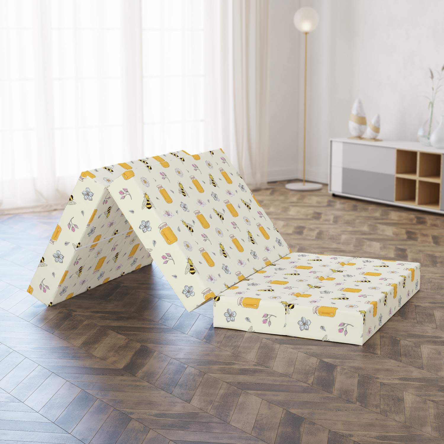 Ambesonne Bee Foldable Mattress - Honey Jars, Insects & Floral Design, 74.8