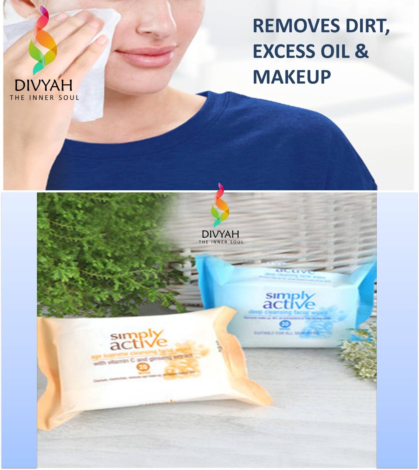 DIVYAH Supreme Cleansing Facial Wipes with Vitamin C & Ginseng Extract - 5 Pack | Deep Cleansing Moisturizing Wipes for Mature Skin | Soft & Refreshing Makeup Remover Wipes | Perfect for Travel, Gym & Daily Skincare Routine