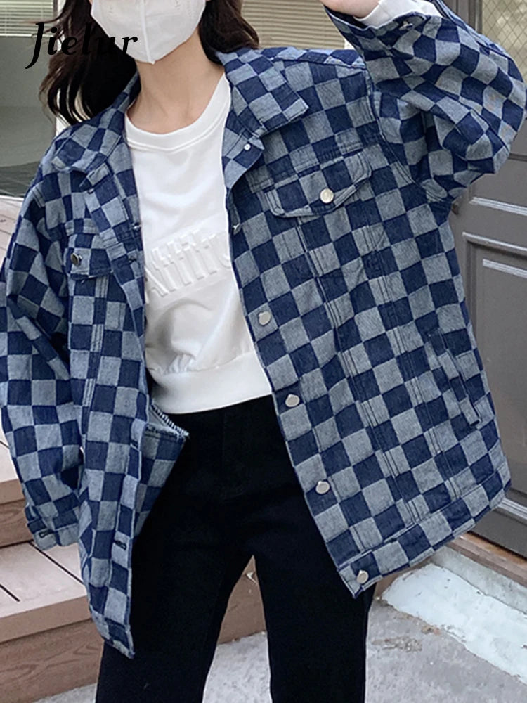 Women's Autumn Black Denim Coat - Korean Style Checkerboard Print Casual Loose Fit Retro Blue Jacket | High Street Fashion for Fall Outfits, Date Nights & Streetwear Looks