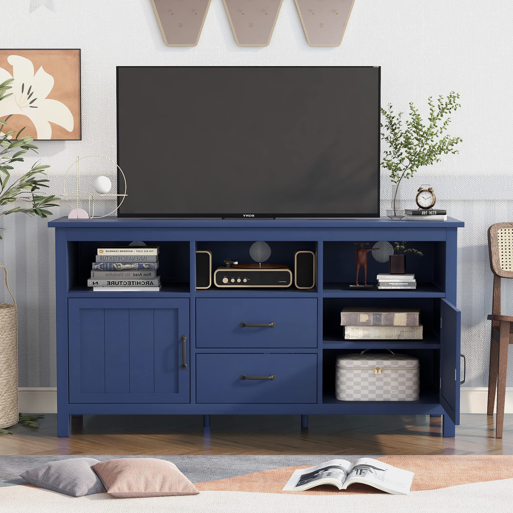 Modern 72 Inch TV Stand with 2 Doors & 2 Drawers - High Capacity Wooden Entertainment Center, Open Style Media Console Cabinet for Living Room - Navy Blue (Perfect for Home Theater Setup & Living Room Storage)