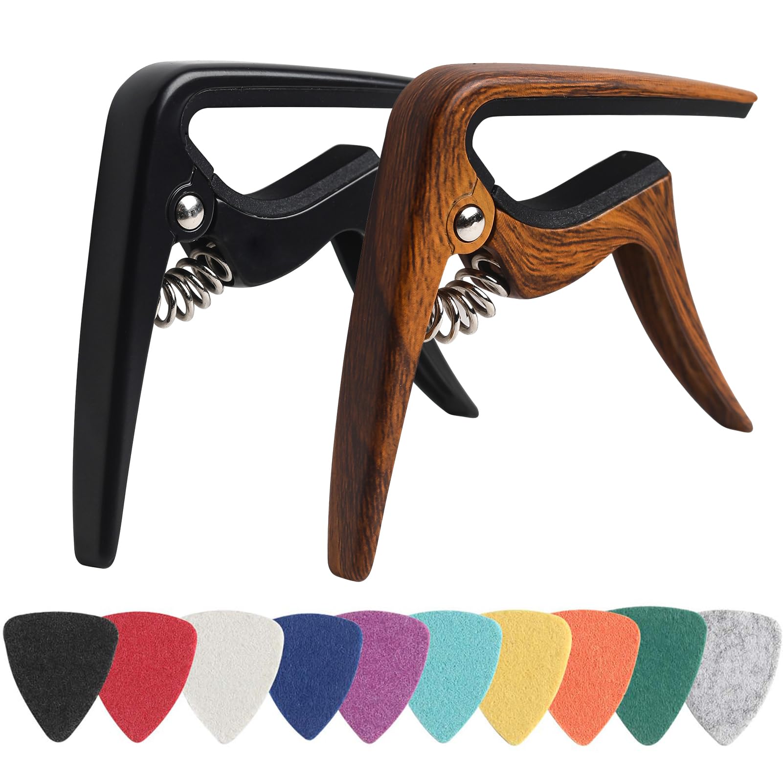 2-Pack Ukulele Capo with 10 Felt Picks - Fits Soprano, Concert, Tenor & Baritone Ukuleles - Perfect for Live Performances, Practice & Studio Recording