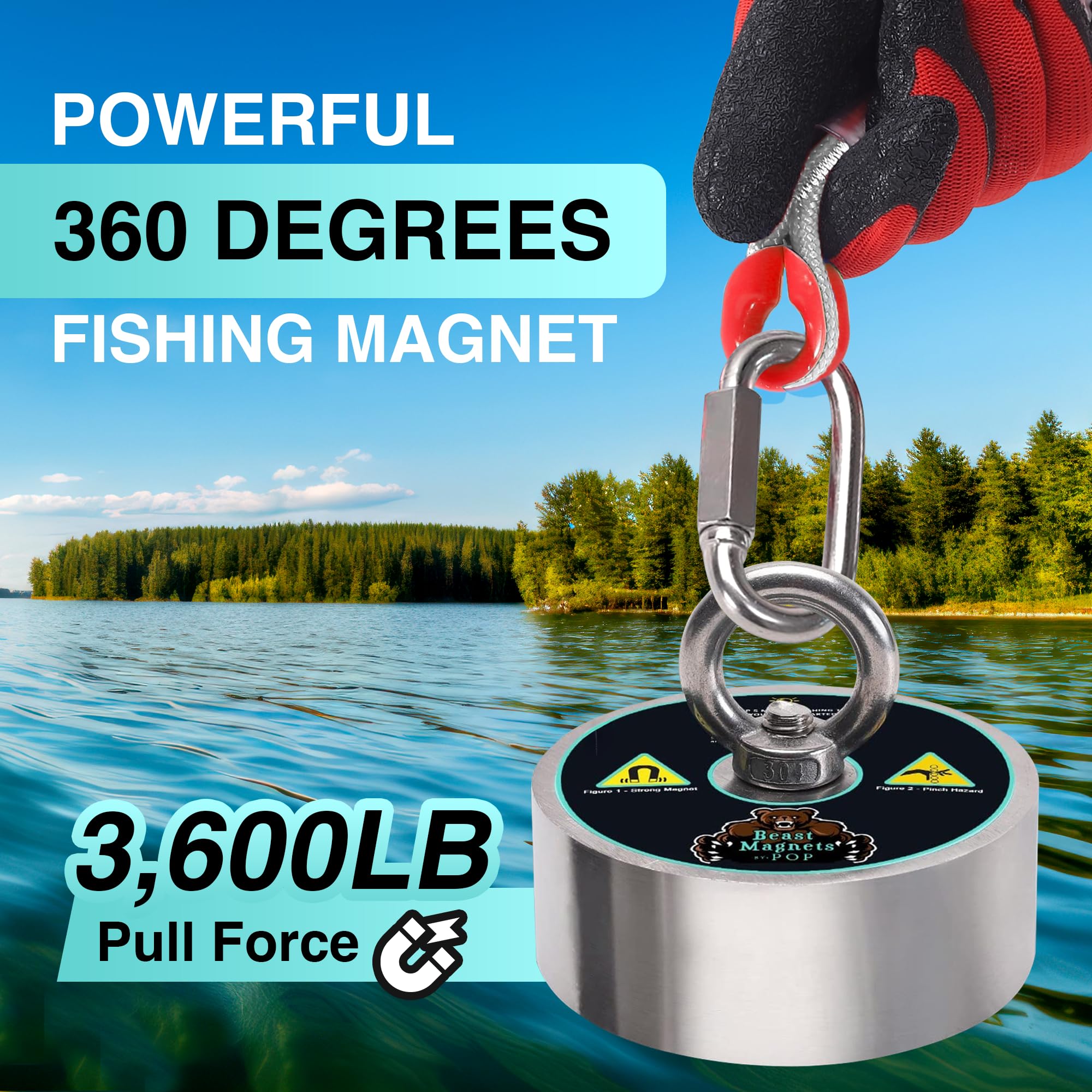 3600lb Complete 360 Degree Magnet Fishing Kit with Strong Neodymium N52 Magnets - 10mm Durable 65ft Rope, Carabiner & Gloves Included | Perfect for Underwater Treasure Hunting, Metal Detecting and Outdoor Adventures