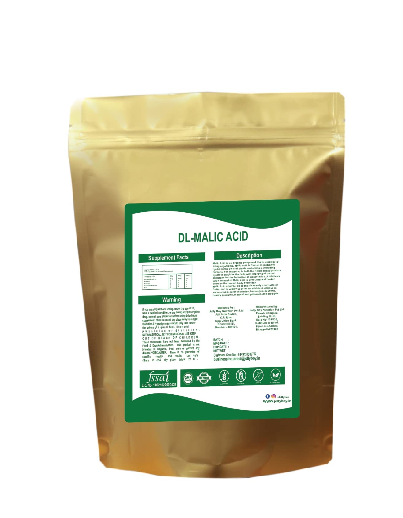 JOLLY BOY DL-Malic Acid Powder 500g - Food Grade, Vegan & Gluten-Free - Perfect for Baking, Candy Making, and Beverage Flavoring
