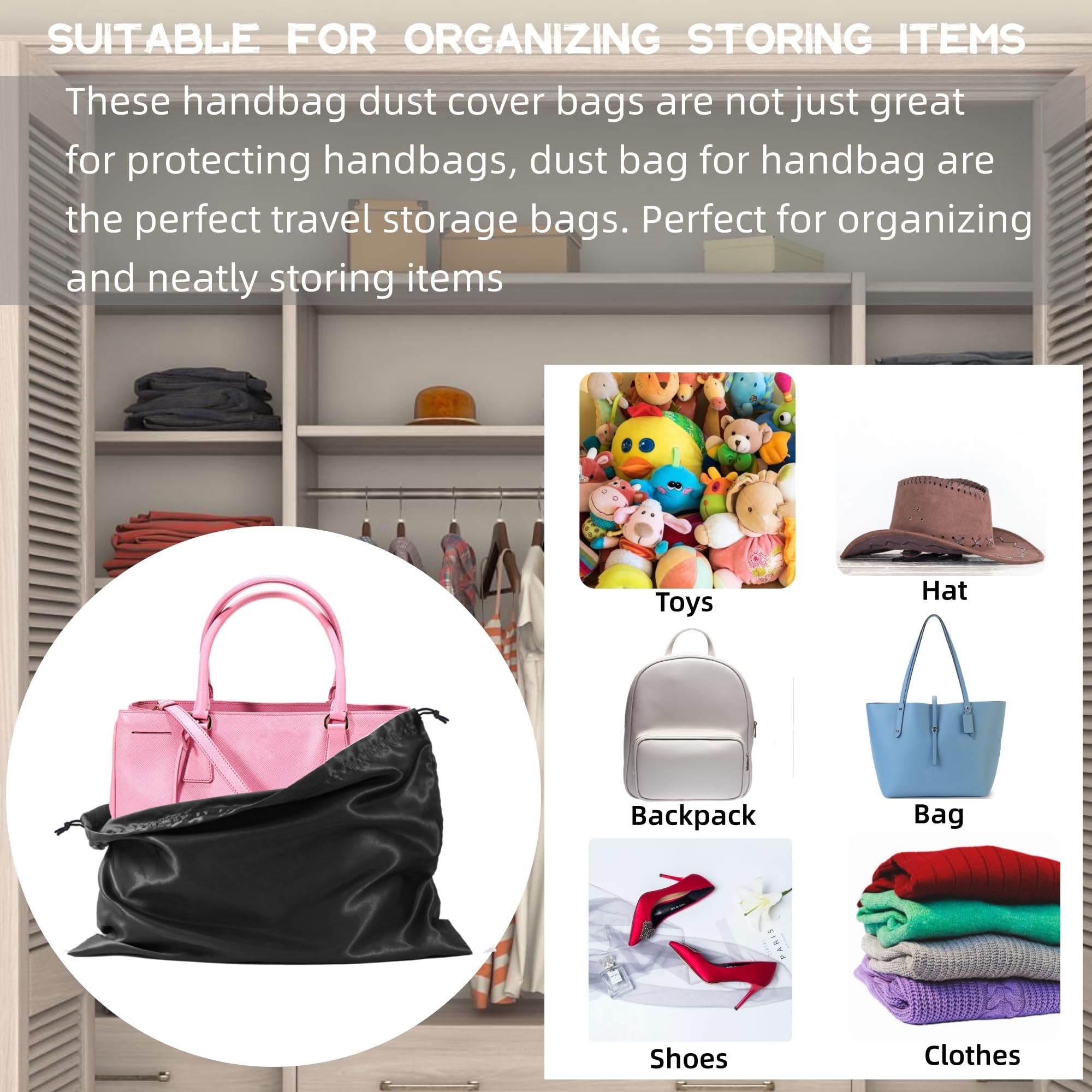 3 Pack Luxury Silk Dust Bags for Handbags, Purses, Shoes & Boots - Premium Drawstring Storage Covers for Closet Organization & Travel Protection