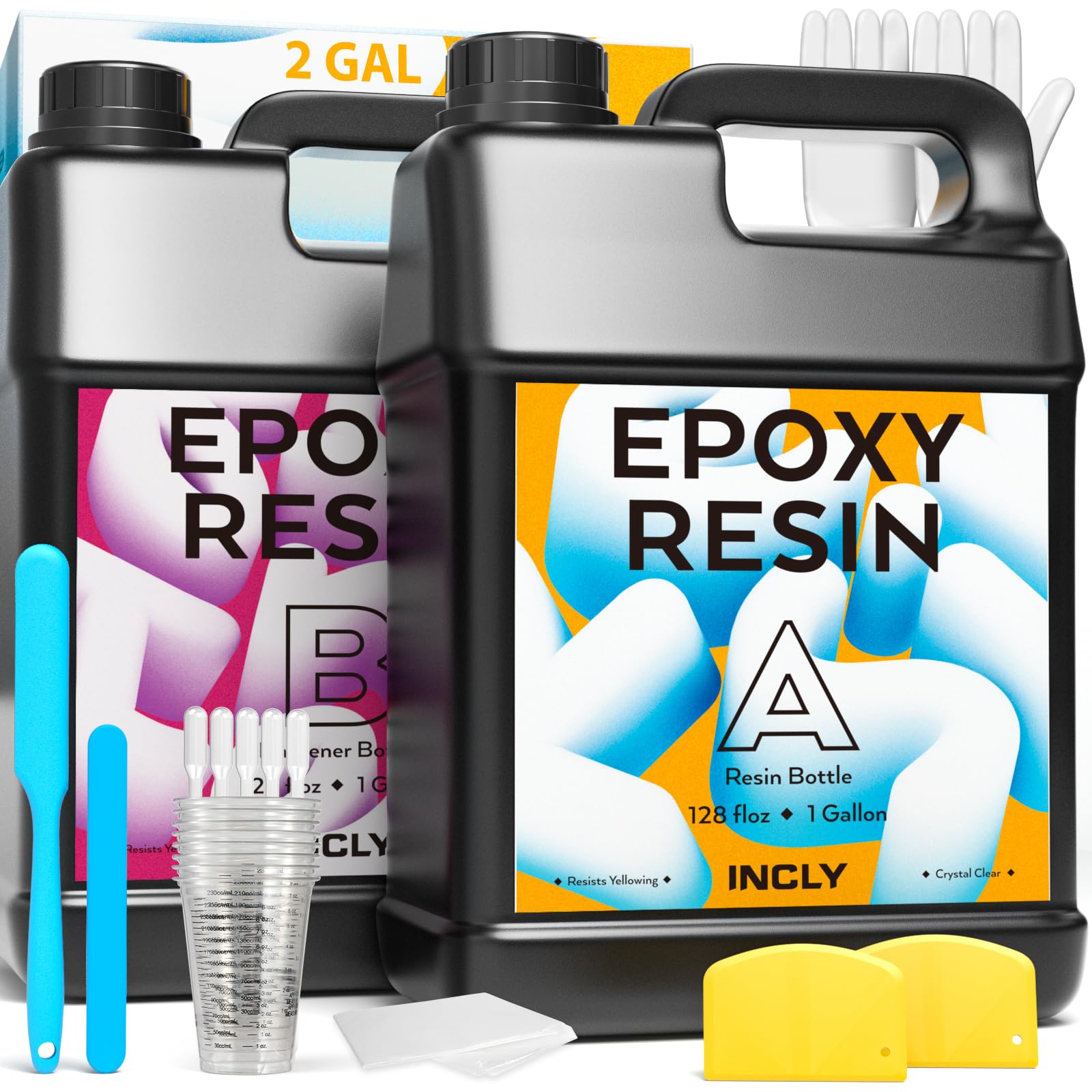 INCLY 2 Gallon Crystal Clear Epoxy Resin Kit - Bubble Free, Non-Yellowing for Jewelry Making, DIY Crafts, Table Tops, Molds - Includes Mixing Cups & Sticks - Self-Leveling 1:1 Ratio - Perfect for Home Decor, River Tables & Resin Art Projects