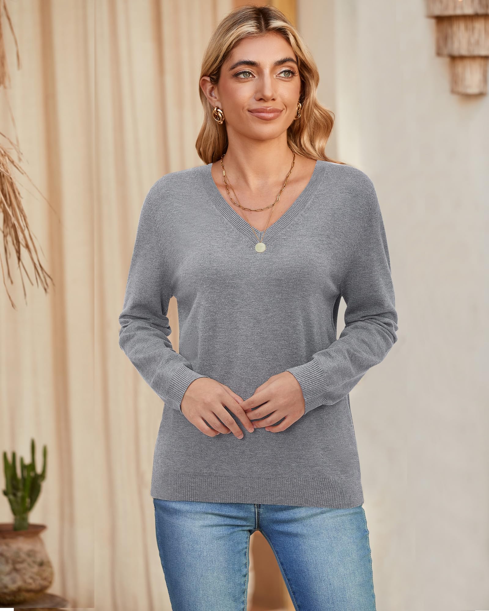 Arach&Cloz 2 Pack Women's Lightweight Soft V-Neck Long Sleeve Sweaters - Fall Fashion Pullover Tops for Casual Wear, Office & Date Nights