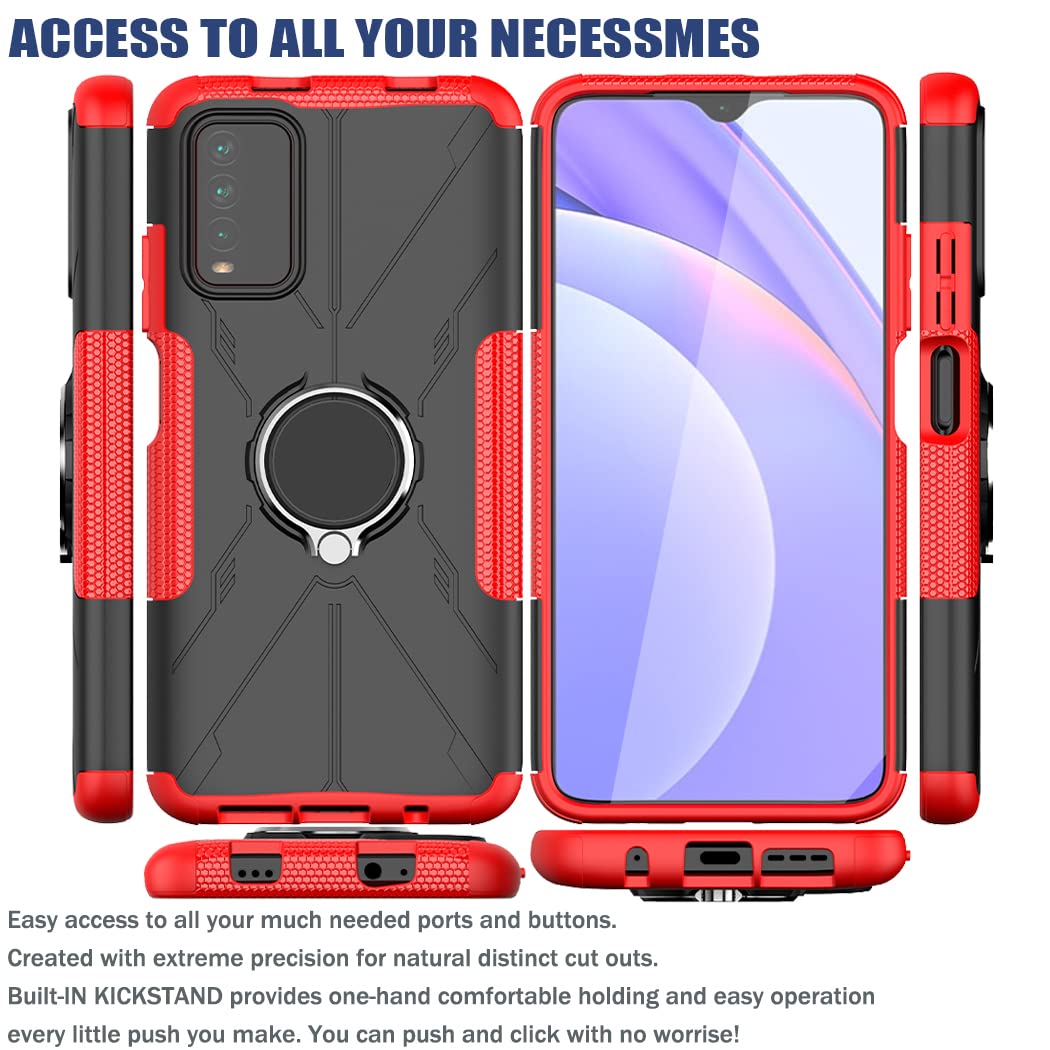 Premium Shockproof Phone Case for Redmi 9T/Poco M3/Redmi Note 9 4G M2010J19SL - Includes Tempered Glass Screen Protector & 360° Rotating Metal Ring Holder Kickstand - Durable Protection Cover for Xiaomi Redmi 9T (Red) - Perfect for Work, Travel & Outdoor Activities