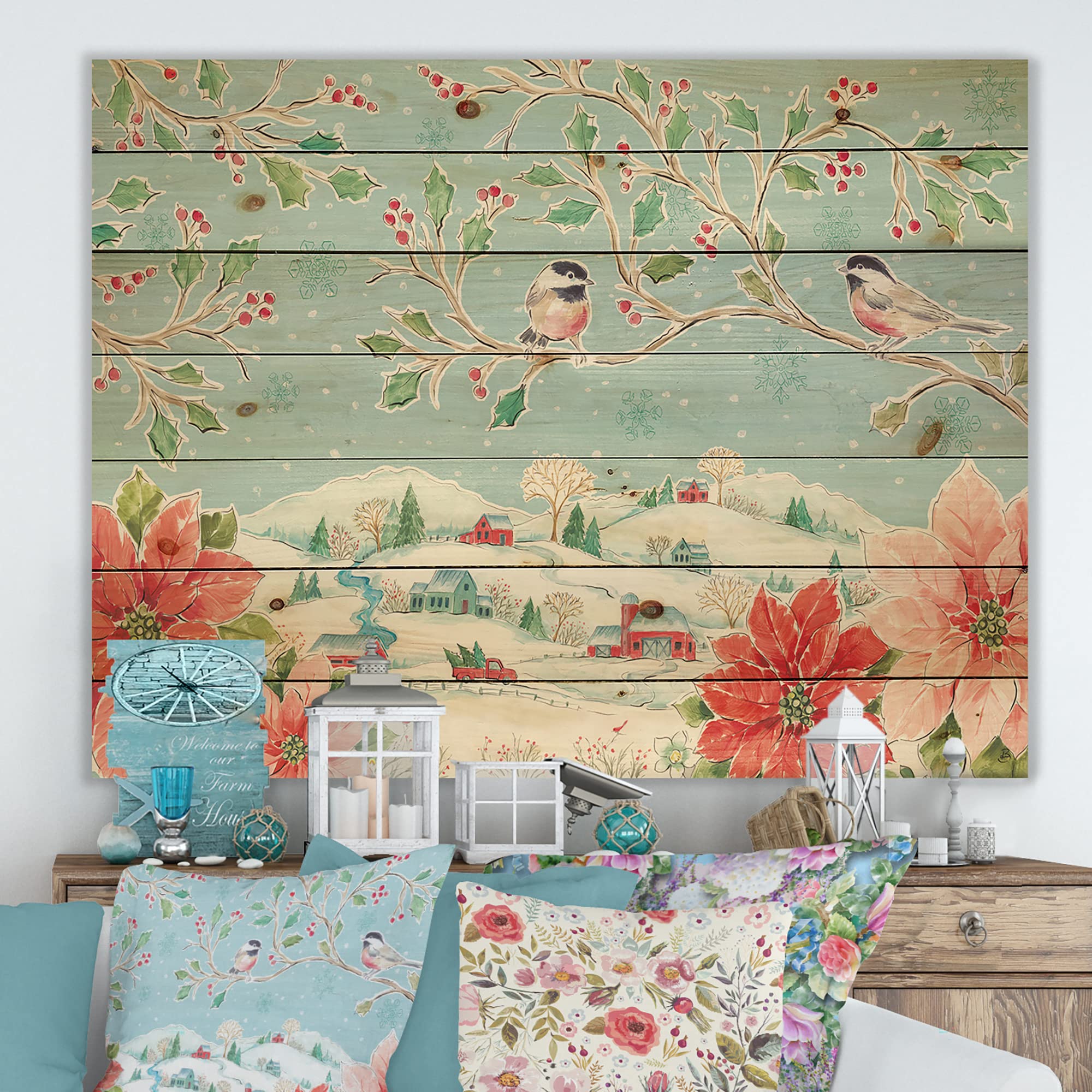 Country Flower Snowflakes II Traditional Wood Wall Decor - Red Wood Wall Art, Large Floral Wood Panels Printed on Natural Pine - Perfect for Living Room, Bedroom, and Farmhouse Decor