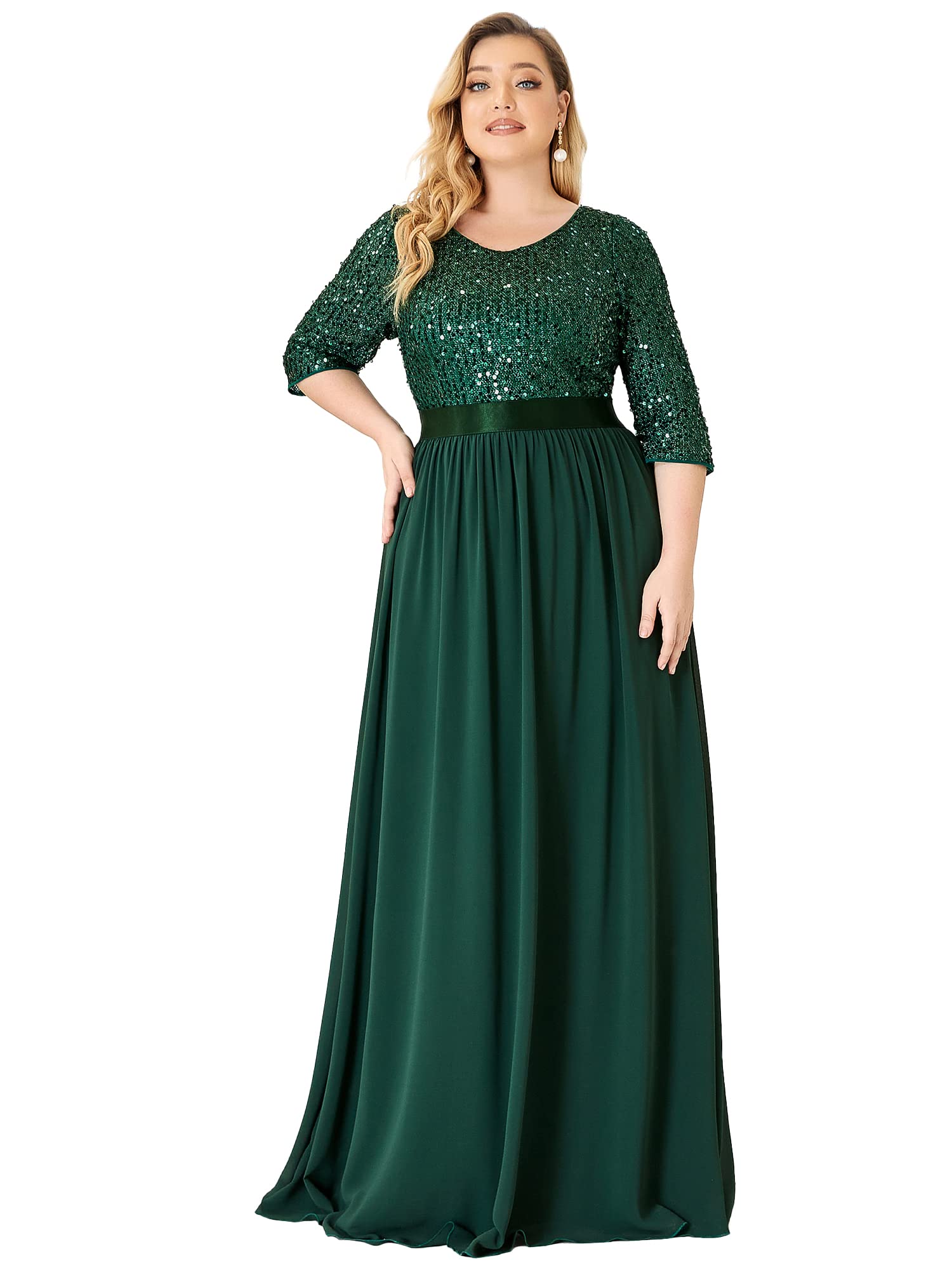 Ever-Pretty Women's Sequin Round Neck Maxi Dress Plus Size Formal Evening Gown for Weddings, Parties & Special Occasions - Style 0683-PZ