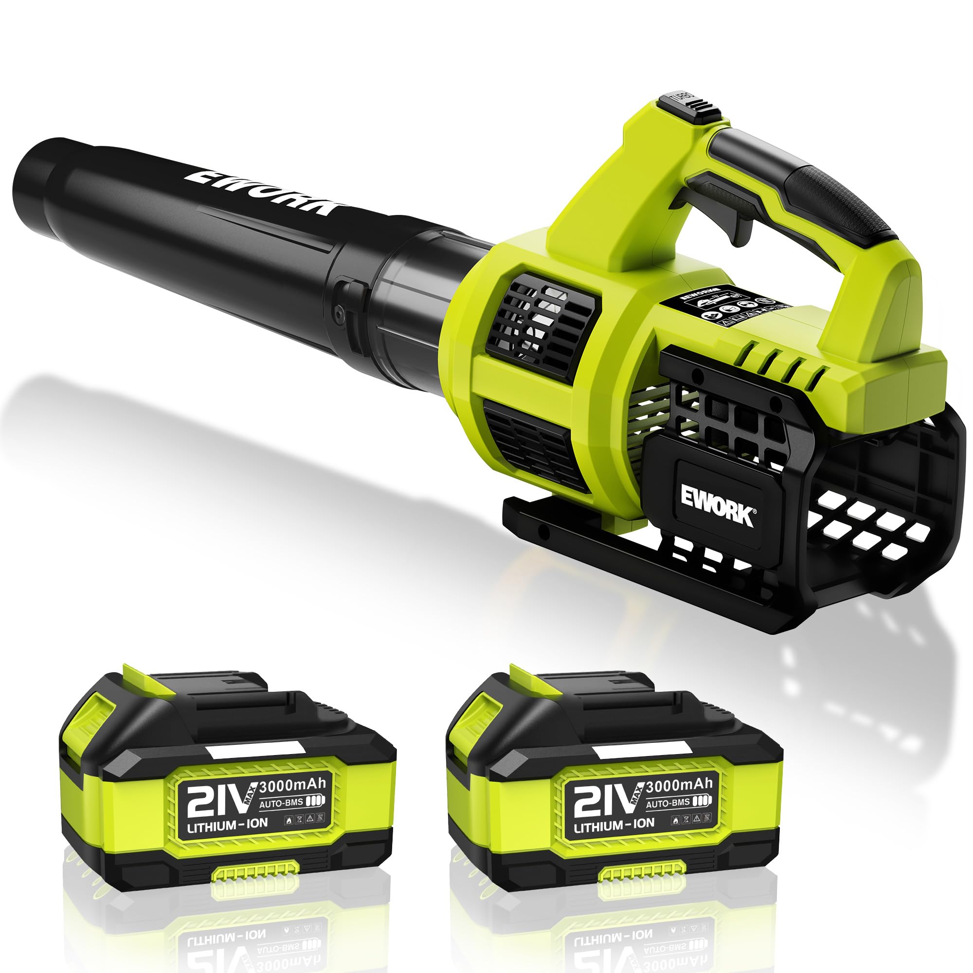 EWORK 21V Cordless Leaf Blower with 2x 3.0Ah Batteries & Fast Charger | Variable Speed & Turbo Mode | Lightweight Battery-Powered Leaf Blower for Lawn Care, Yard Cleanup, Patio, Driveway & Garden Maintenance
