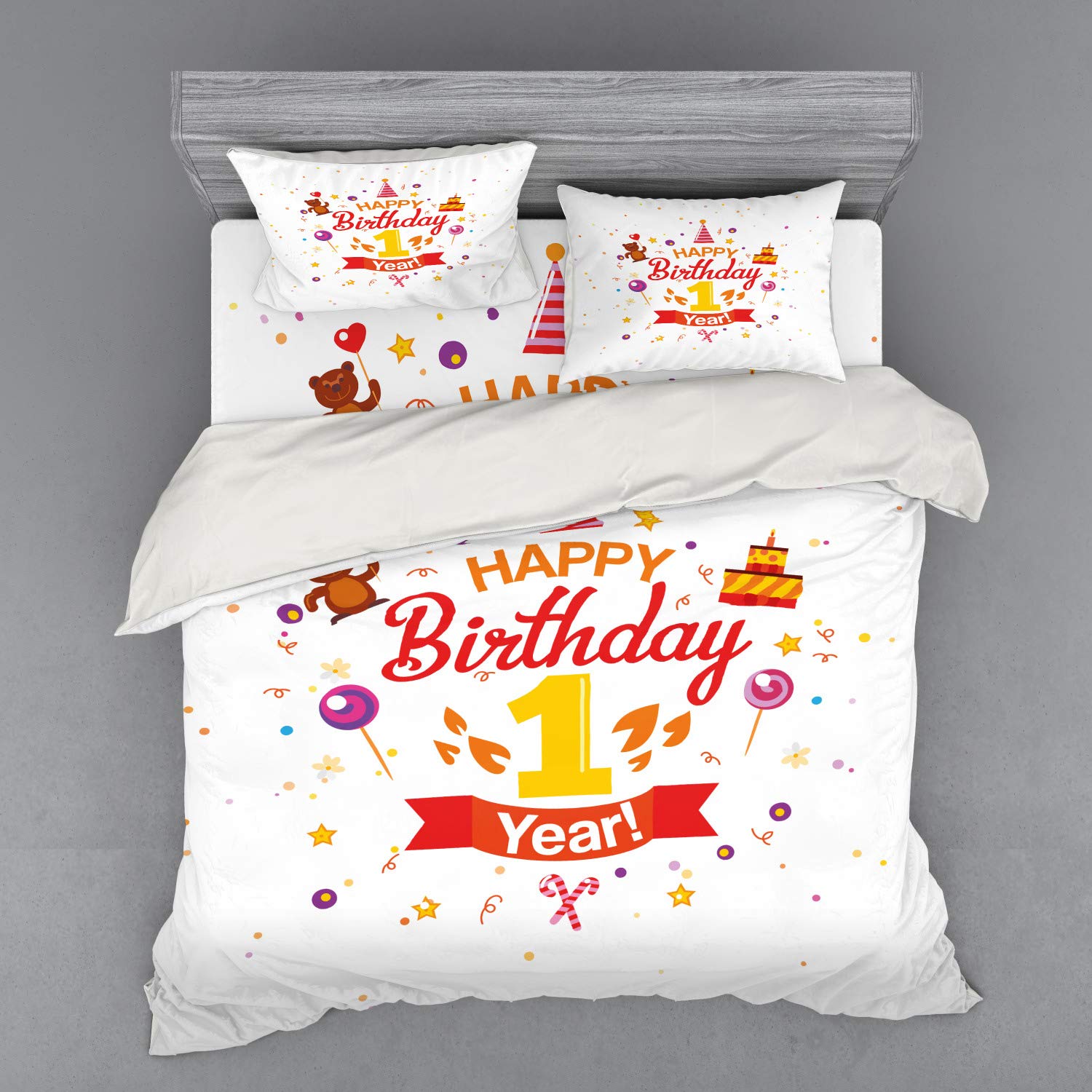 Ambesonne 1st Birthday Bedding Set - 4 Piece Duvet Cover with Shams & Fitted Sheet - King Size Teddy Bear Candies Cake Print in Red Marigold & Purple - Perfect for Birthday Party Decorations & Kids Room Decor