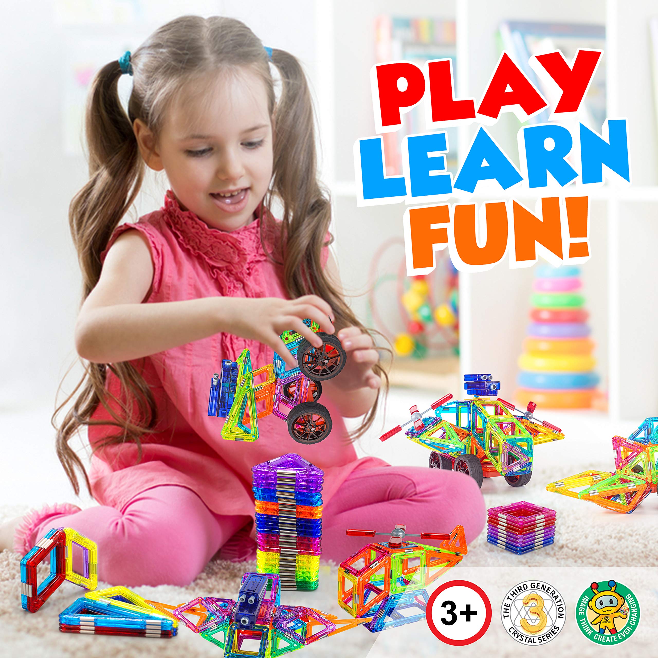 Magnetic Building Blocks for Kids - 102pcs Educational STEM Toys with Car Accessories, Safe Preschool Learning Toys for 3+ Year Old Boys & Girls | Creative Play, Classroom Activities, Birthday Gifts - Hurtle HURMT102