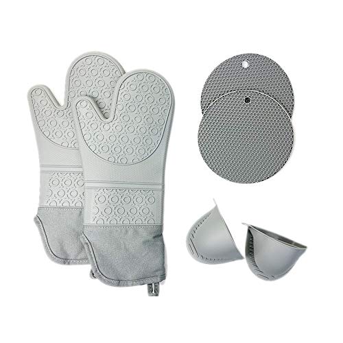 6PCS Heat Resistant Silicone Oven Mitts Set with Quilted Liner - Flexible Oven Gloves, Hot Pads & Mini Mittens for Baking, Cooking, Grilling - Perfect Kitchen Tools for Home Chefs (Grey)