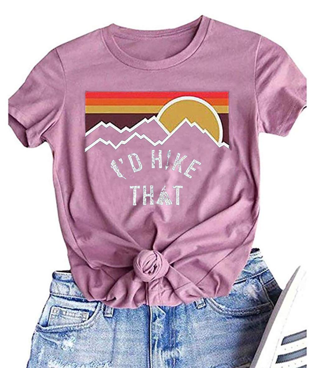 Women's Casual Short Sleeve Graphic Tee - 'I'd Hike That Mountain' Letter Print T-Shirt | Hiking Enthusiast Gift, Outdoor Adventure Apparel, Comfortable Everyday Wear
