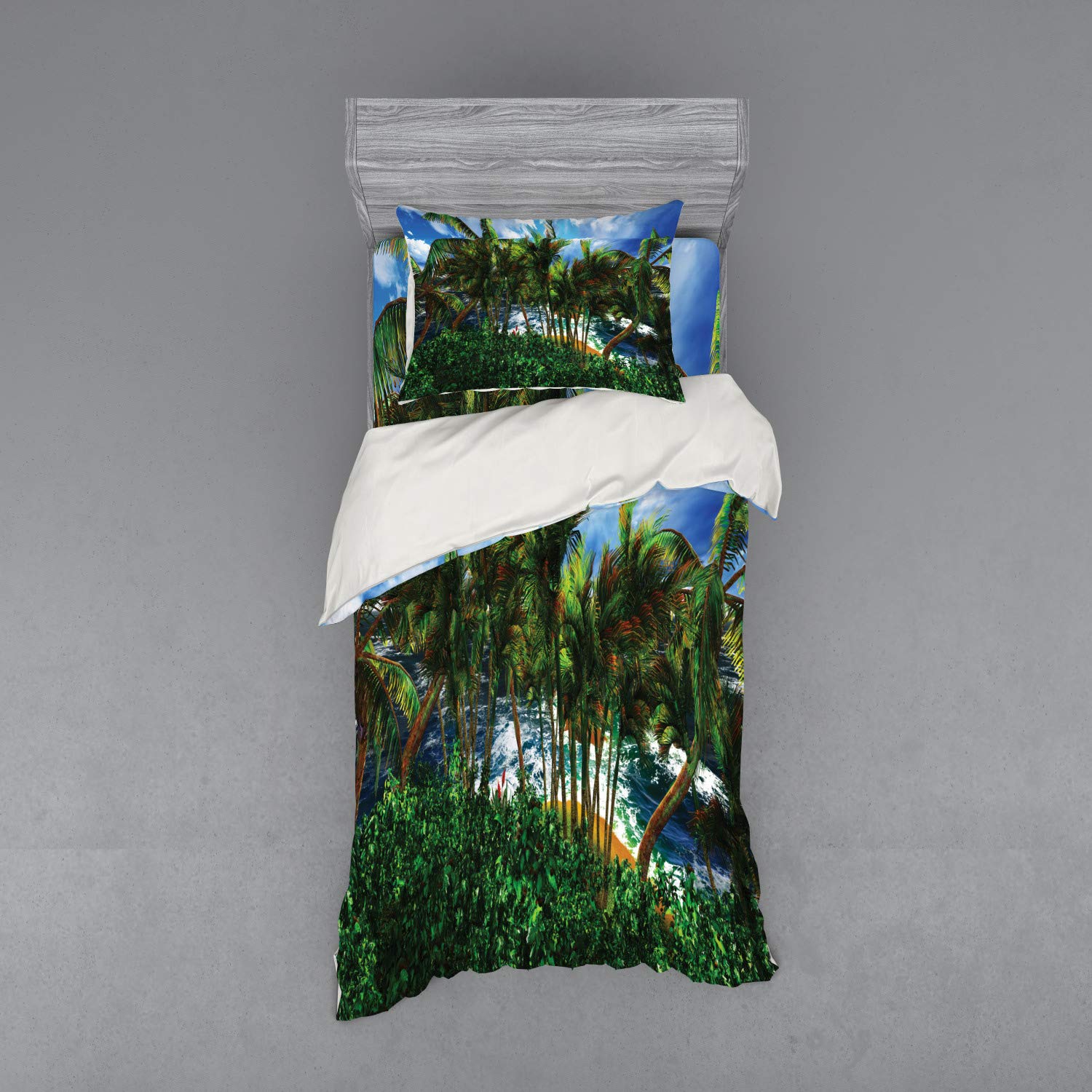 Ambesonne Hawaiian Duvet Cover Set - Tropical Palm Trees Forest with Cloudy Summer Sky & Ocean View, 3-Piece Bedding Set (Twin Size, Green Blue Brown) - Perfect for Beach House Decor, Vacation Home Bedroom, or Tropical Themed Room Makeover