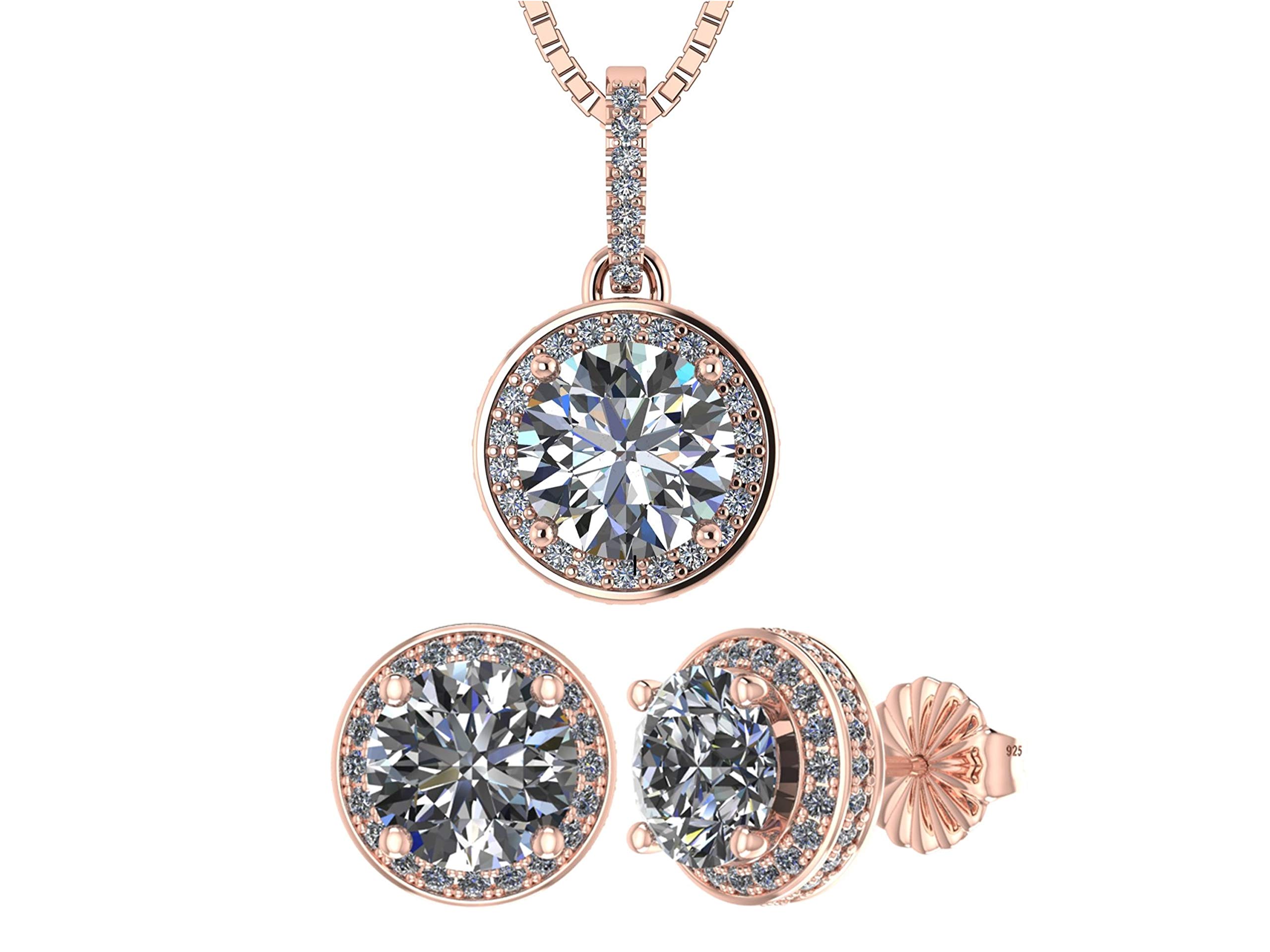 925 Sterling Silver Round Halo Diamond Earrings & Necklace Set with 6.5mm Simulated Birthstones - Hypoallergenic Jewelry for Women, Gift for Anniversary, Birthday, Valentine's Day