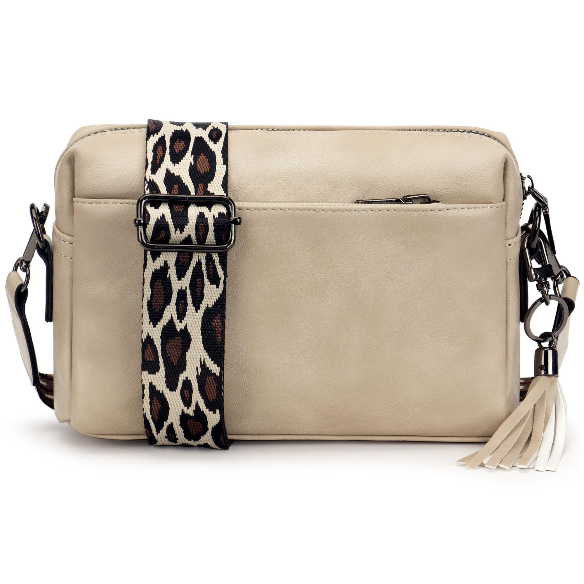 JANZORE Vegan Leather Crossbody Bag for Women - Small Multipurpose Camera Handbag with 3 Compartments, Wide Strap & Tassel Key Ring | Perfect for Travel, Work & Everyday Use