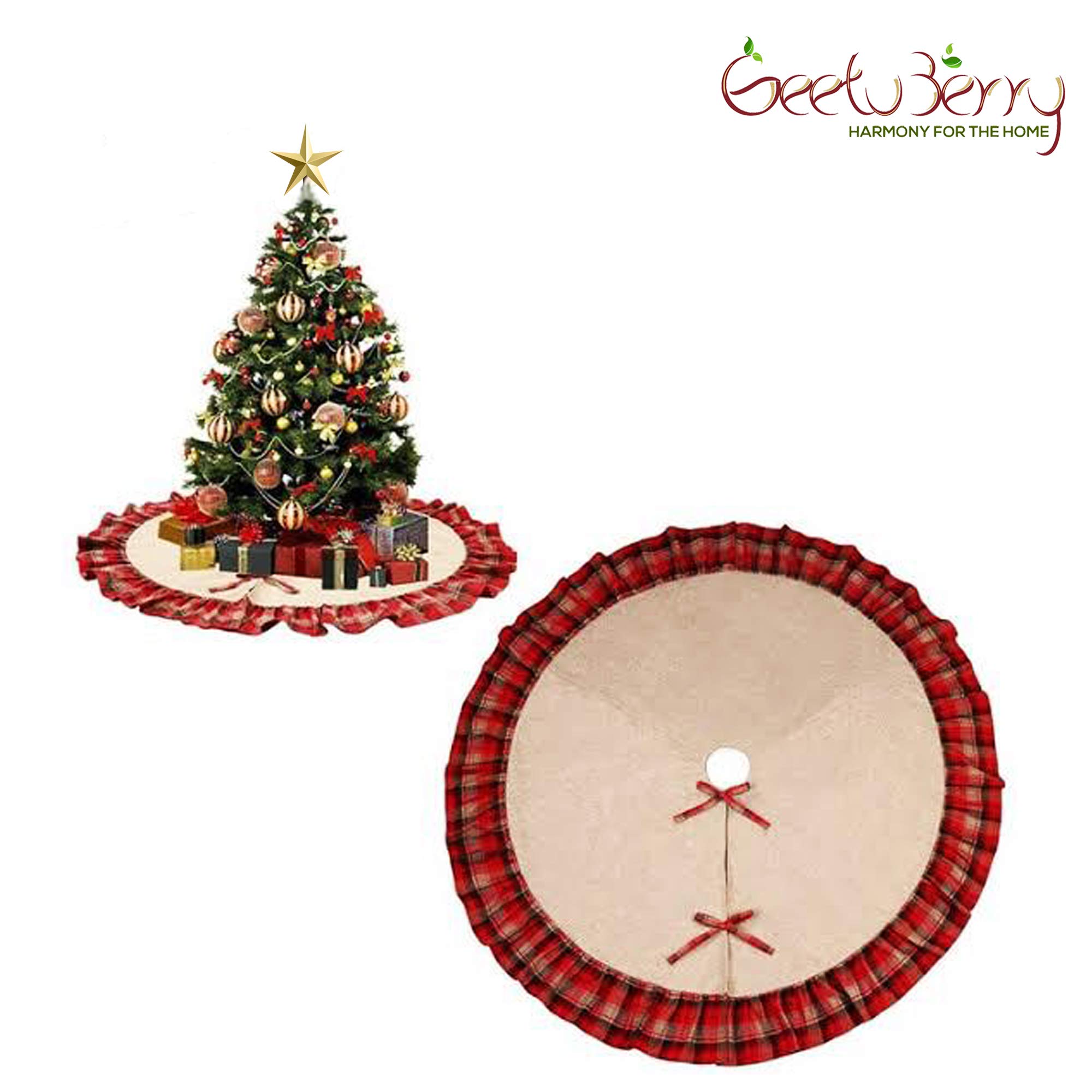 48 Inch Rustic Burlap Christmas Tree Skirt with Red & Green Tartan Border - Farmhouse Holiday Decor for Christmas, Easter & Seasonal Home Decoration - Perfect for Fireplace Mantel, Living Room & Cozy Winter Gatherings