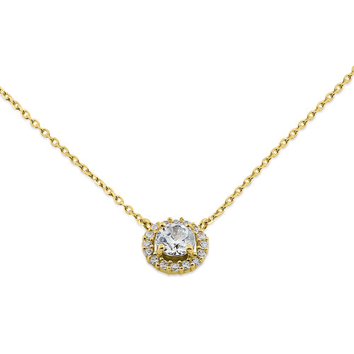 14K Yellow Gold Round Halo CZ Necklace for Women - Elegant Cubic Zirconia Pendant Jewelry Gift for Birthday, Anniversary & Valentine's Day