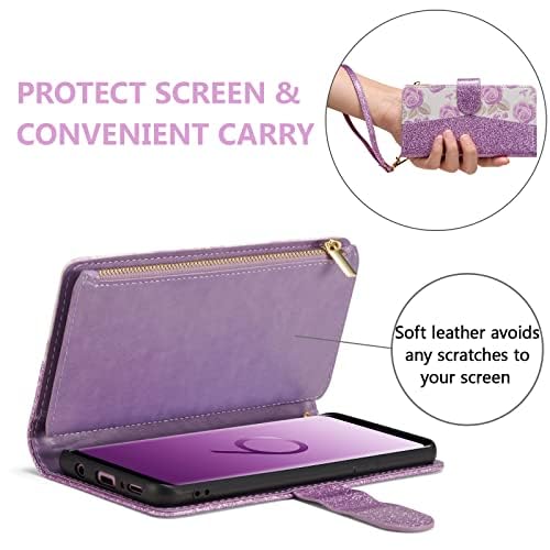 Premium PU Leather Wallet Case for Samsung Galaxy S9 Plus - Magnetic Closure, Zipper Pocket, Kickstand & Card Slots with Hand Strap | Elegant Flip Phone Case for Women | Perfect for Work, Travel & Everyday Use