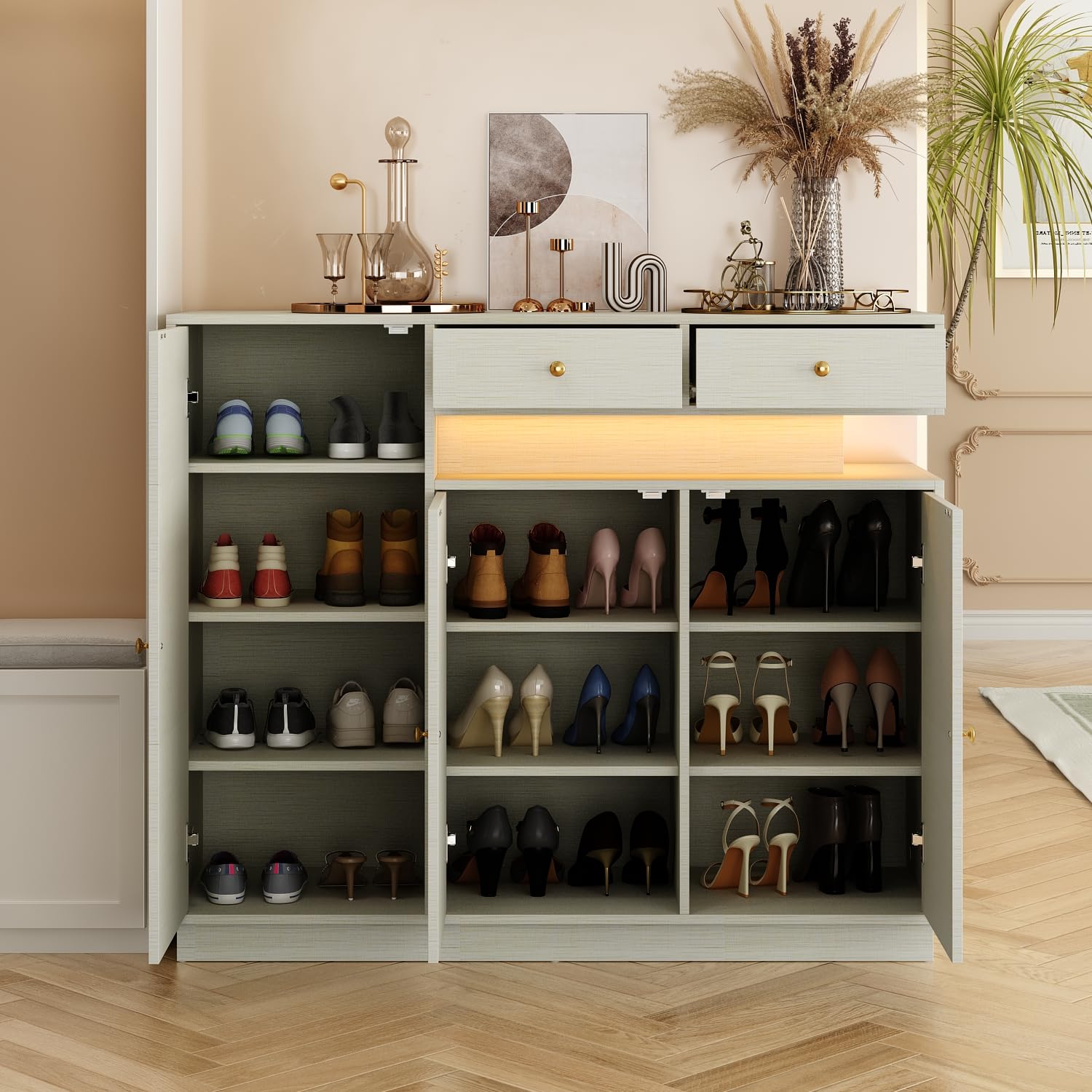 ECACAD LED Shoe Storage Cabinet with 3 Doors, 2 Drawers & 10 Compartments - Free Standing Shoe Organizer for Entryway, Living Room, Bedroom - Light Grey Shoe Rack for Sneakers, Boots & Heels Storage | Perfect for Small Spaces & Closet Organization