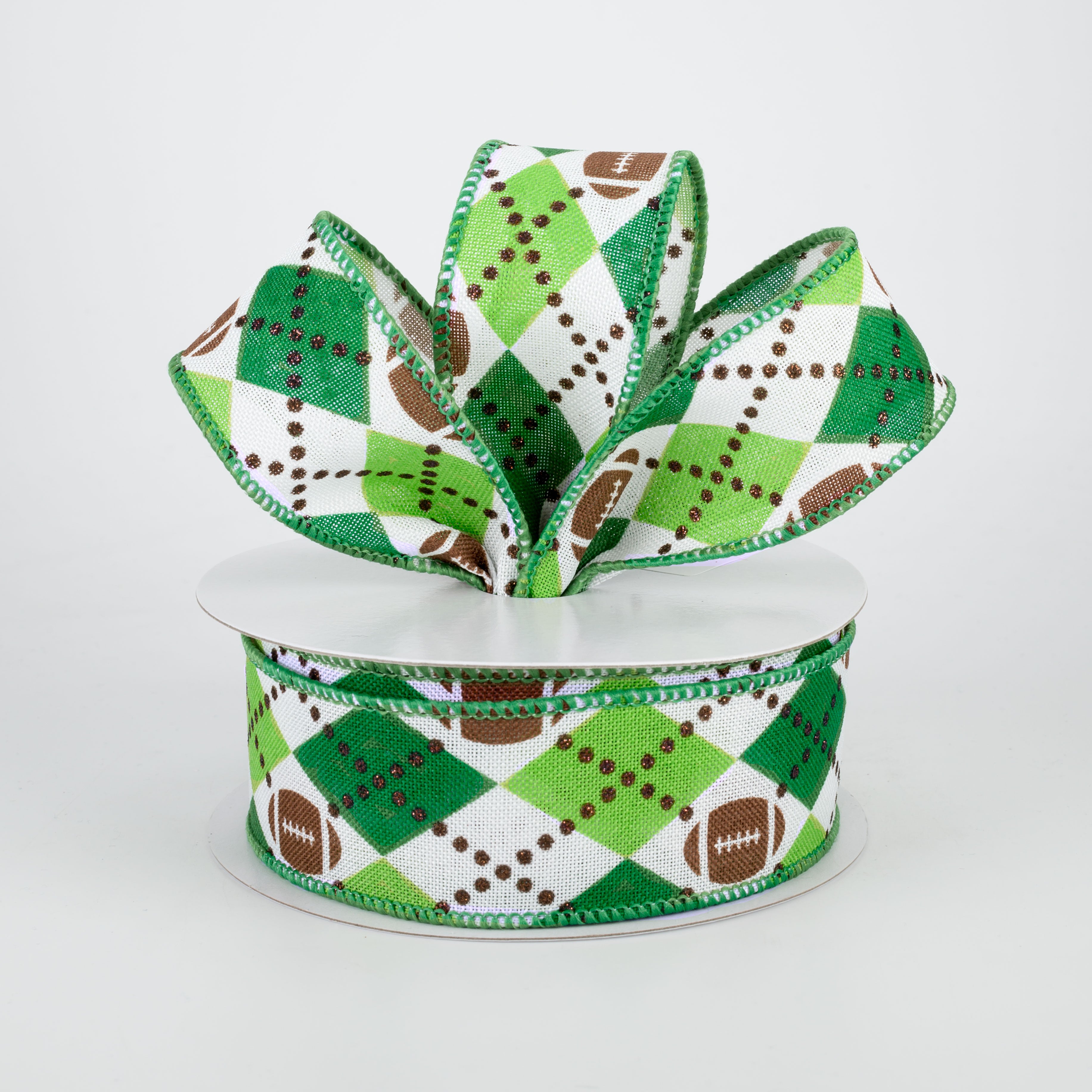 1.5 Inch Argyle Football Ribbon - Emerald Green & Lime (10 Yards) for DIY Crafts, Gift Wrapping, and Party Decorations