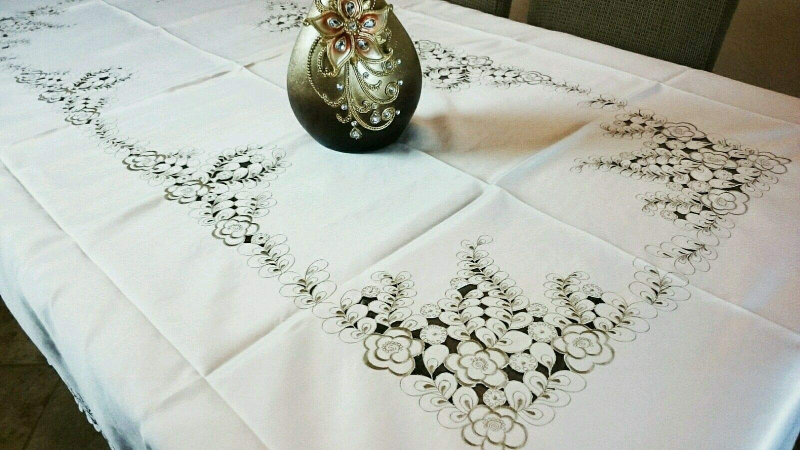 Elegant Embroidered Peacock Cutwork Tablecloth 72x108 Inch - Washable Linen Table Cover for Dining Table, Buffet, Parties & Special Occasions | Perfect for Weddings, Banquets & Holiday Decor