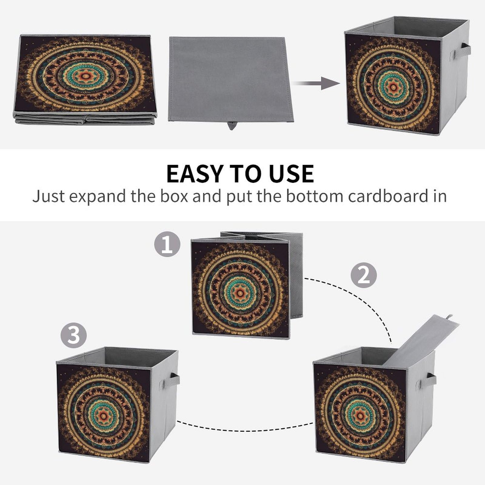 6-Pack Mandala Collapsible Storage Bins with Handles - Large Foldable Storage Baskets for Closet, Clothing & Home Organization | Perfect for Bedroom, Nursery & Office Storage Solutions