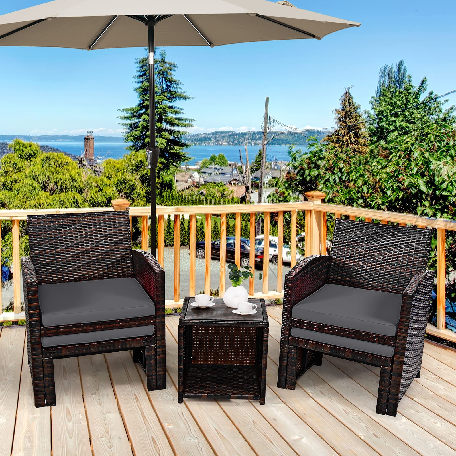 COSTWAY 5-Piece Patio Rattan Wicker Furniture Set with Cushioned Chairs, Ottoman & Side Table - Grey Outdoor Conversation Set for Backyard, Deck, Garden or Poolside Relaxation