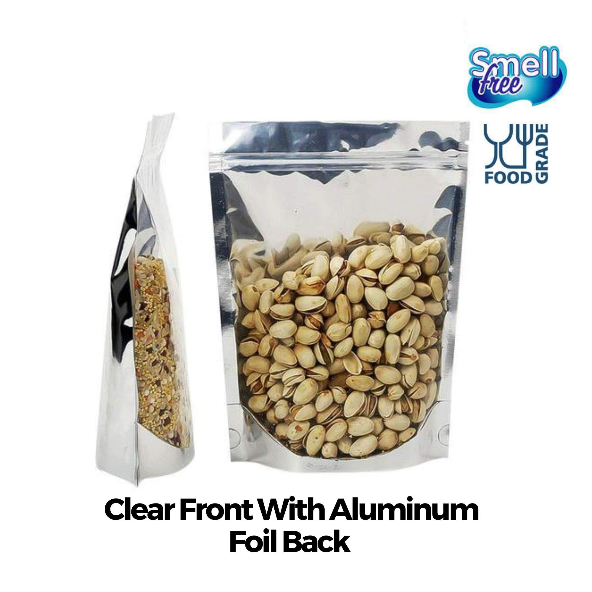 Performore 5 x 8 Inch Stand Up Pouch Bags - 100 Pack Heavy Duty Mylar Food Storage Bags with Resealable Ziplock, Odor Proof & Heat Sealable (Clear Front/Aluminum Foil Back) - Perfect for Coffee, Snacks, Pet Food & Meal Prep Storage