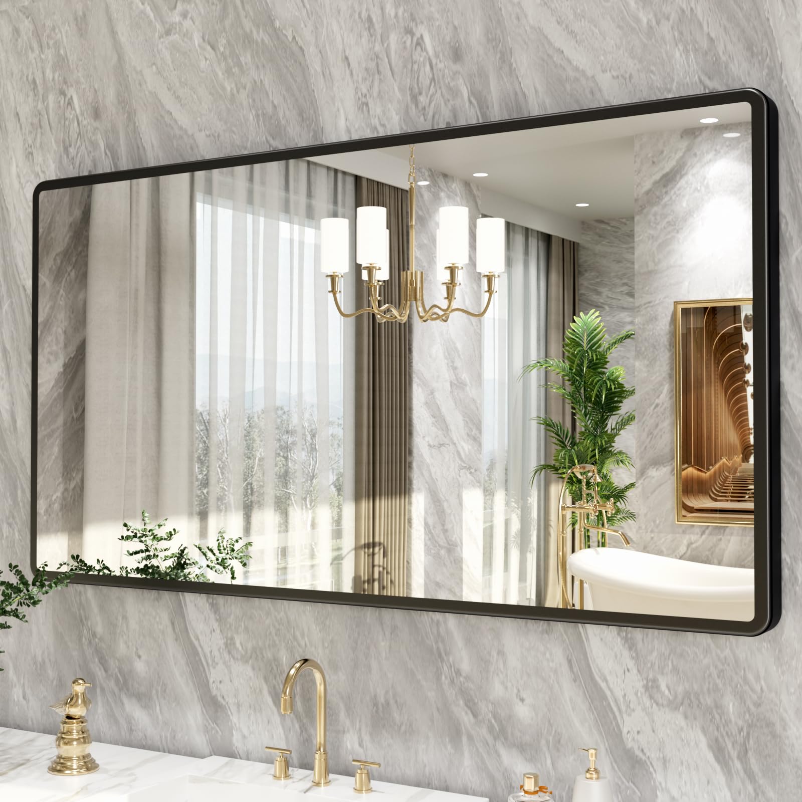 55x30 Inch Black Metal Frame Wall Mounted Bathroom Mirror - Rounded Rectangle Vanity Mirror with Tempered Glass for Bathroom, Bedroom & Living Room | Perfect for Modern Home Decor, Makeup Station & Space Enhancement