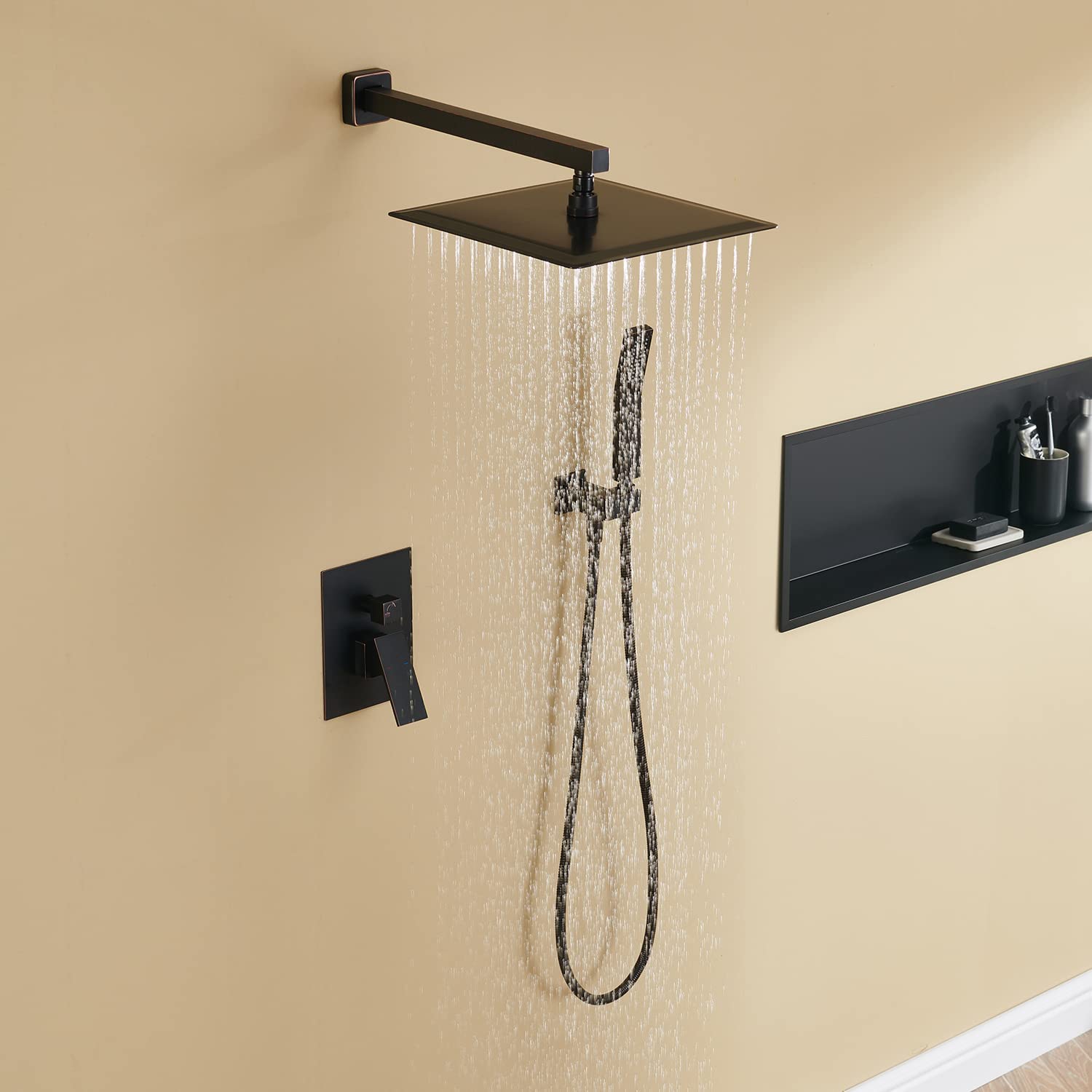 12 Inch Oil Rubbed Bronze Rain Shower System - Wall Mount Bathroom Faucet with Rainfall Shower Head & Handheld Shower - Perfect for Spa-Like Luxury Bath Experience in Master Bathrooms & Modern Home Renovations