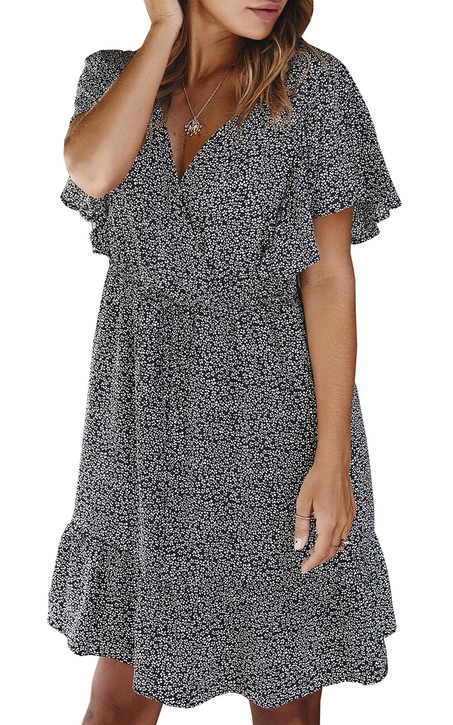 ECOWISH Women's Floral V-Neck Summer Mini Dress - Beachwear, Cocktail Party Outfit, Casual Day Dress for Women