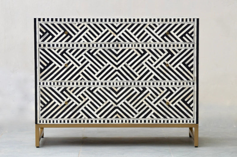 Handmade Bone Inlay Black Dresser with 3 Drawers - Elegant Optical Design for Bedroom, Living Room & Office Storage