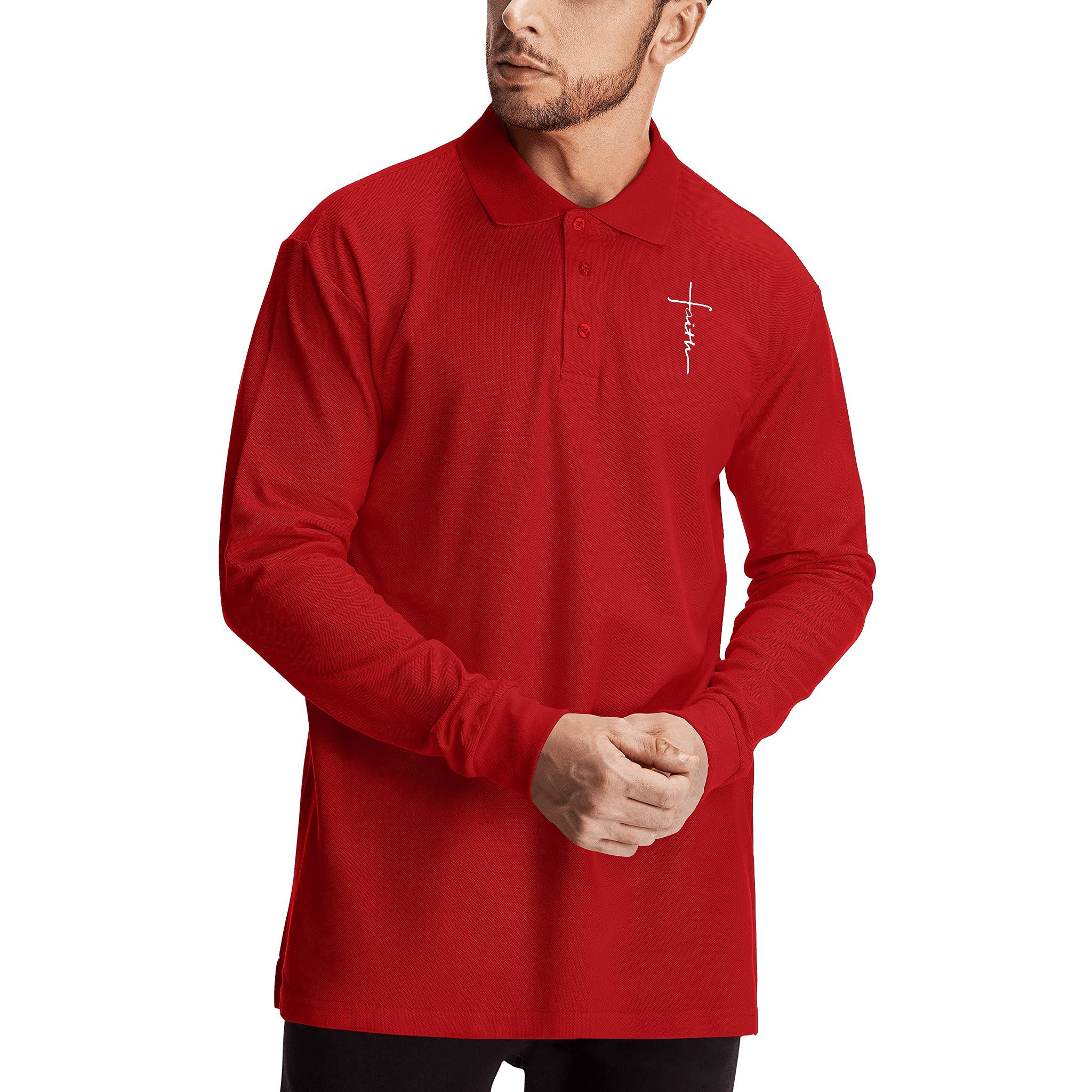 Cross Faith Jesus Cotton Polo T-Shirts for Men - Religious Christian Long Sleeve Summer Shirts - Perfect for Church Services, Bible Study & Christian Events