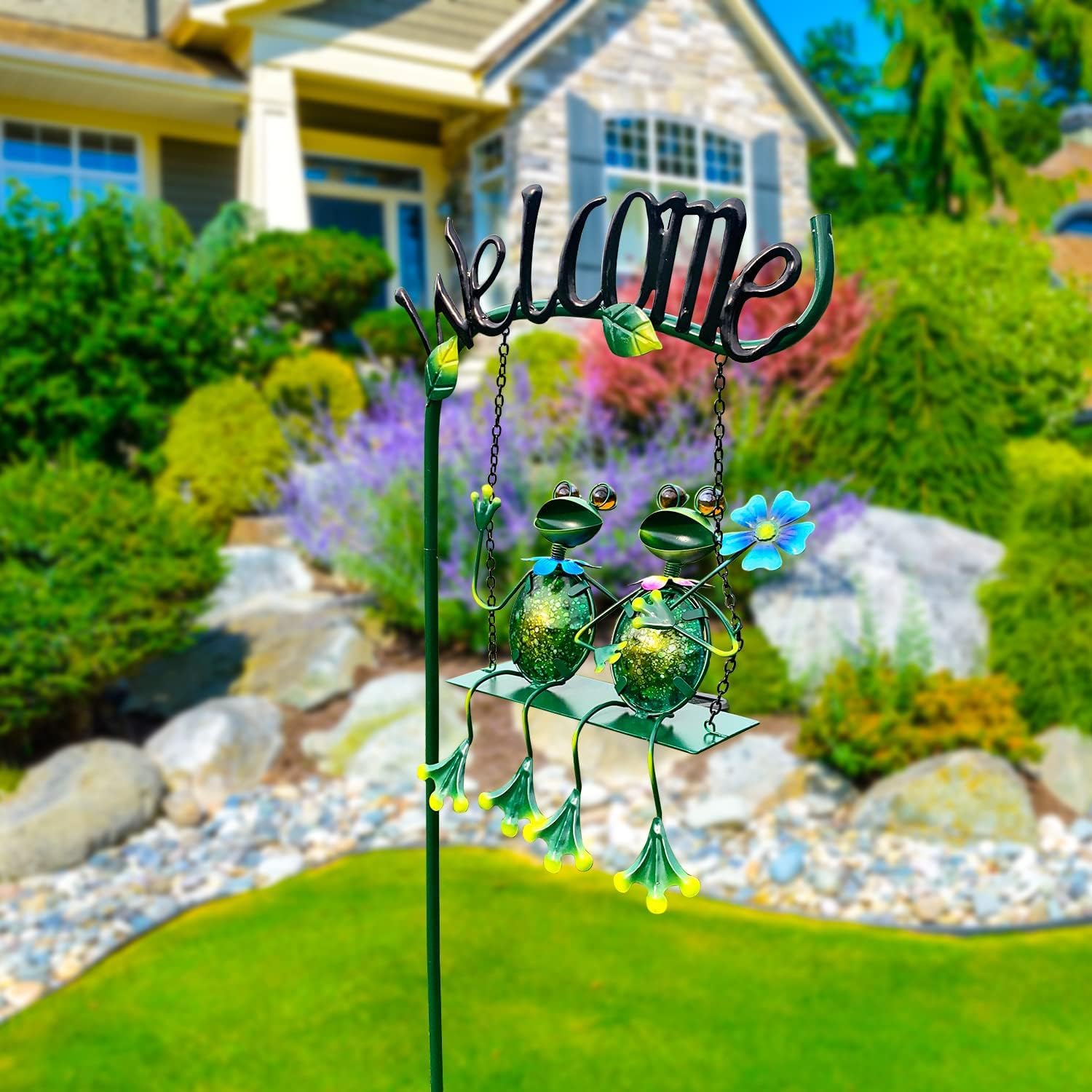 48 Inch HONGLAND Solar-Powered Frog Swing Outdoor Garden Lights - Decorative Stake with Welcome Sign for Patio, Yard & Landscape | Perfect for Garden Decor, Pathway Lighting & Nighttime Ambiance