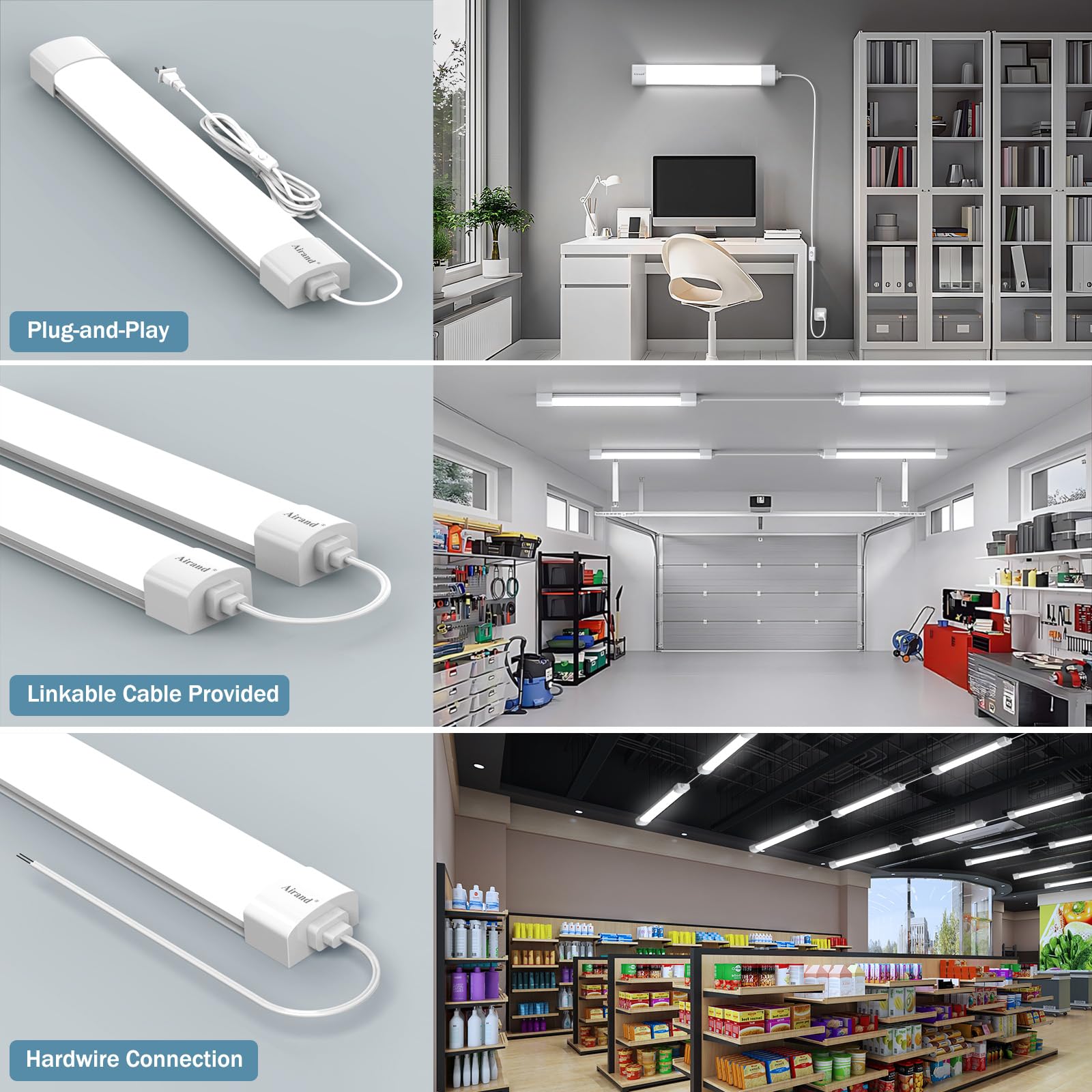 18W LED Flush Mount Ceiling Light - 2ft Linkable LED Tube Light, 5000K Daylight White, Plug-in Corded with ON/Off Switch - Perfect for Garage, Utility Room, Shop & Under Cabinet Lighting