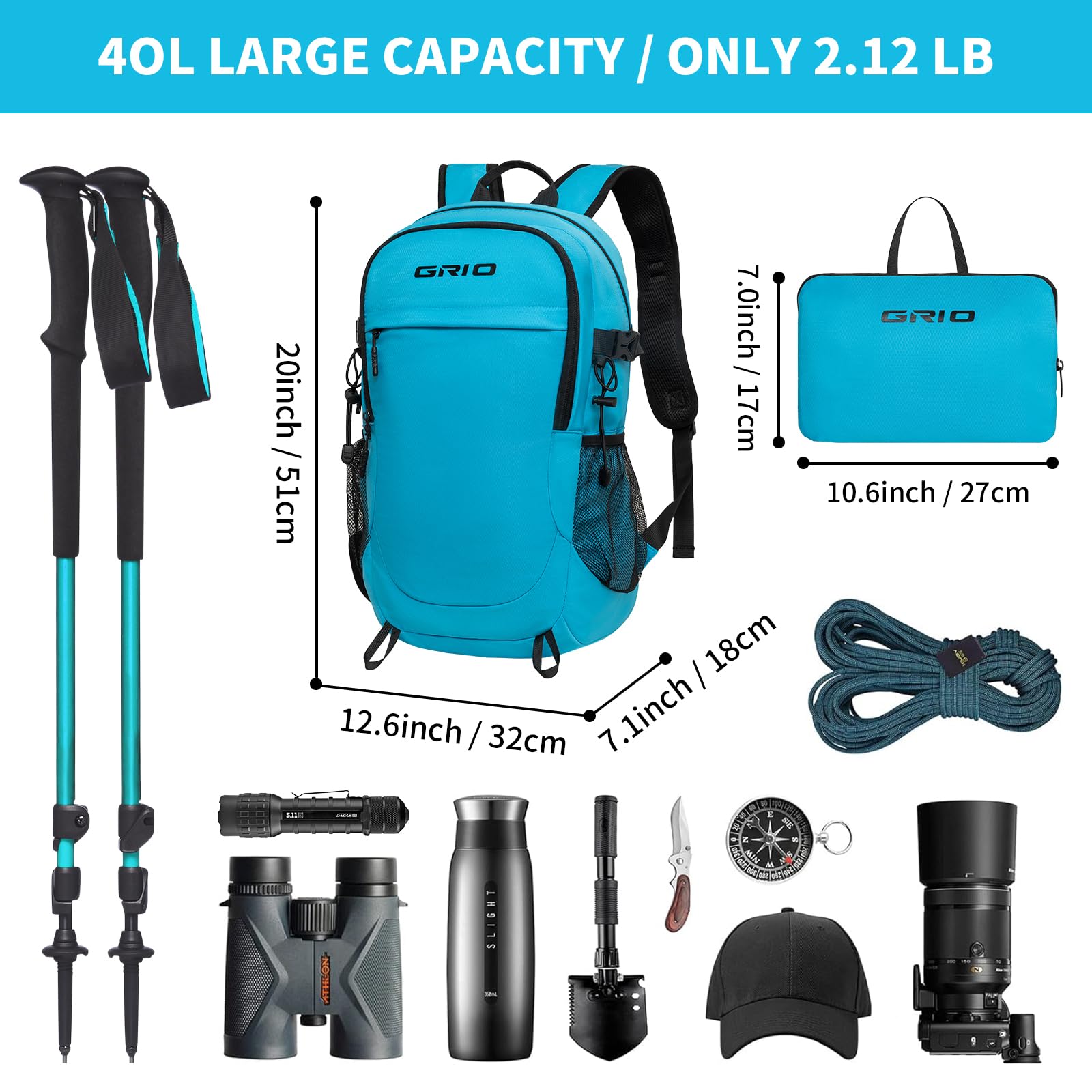 GRIO 40L Lightweight Hiking Backpack for Men & Women - Waterproof Travel Daypack for Outdoor Camping, Trekking, Mountaineering & Sports - Compact Foldable Backpack for Daily Use & Adventure Activities