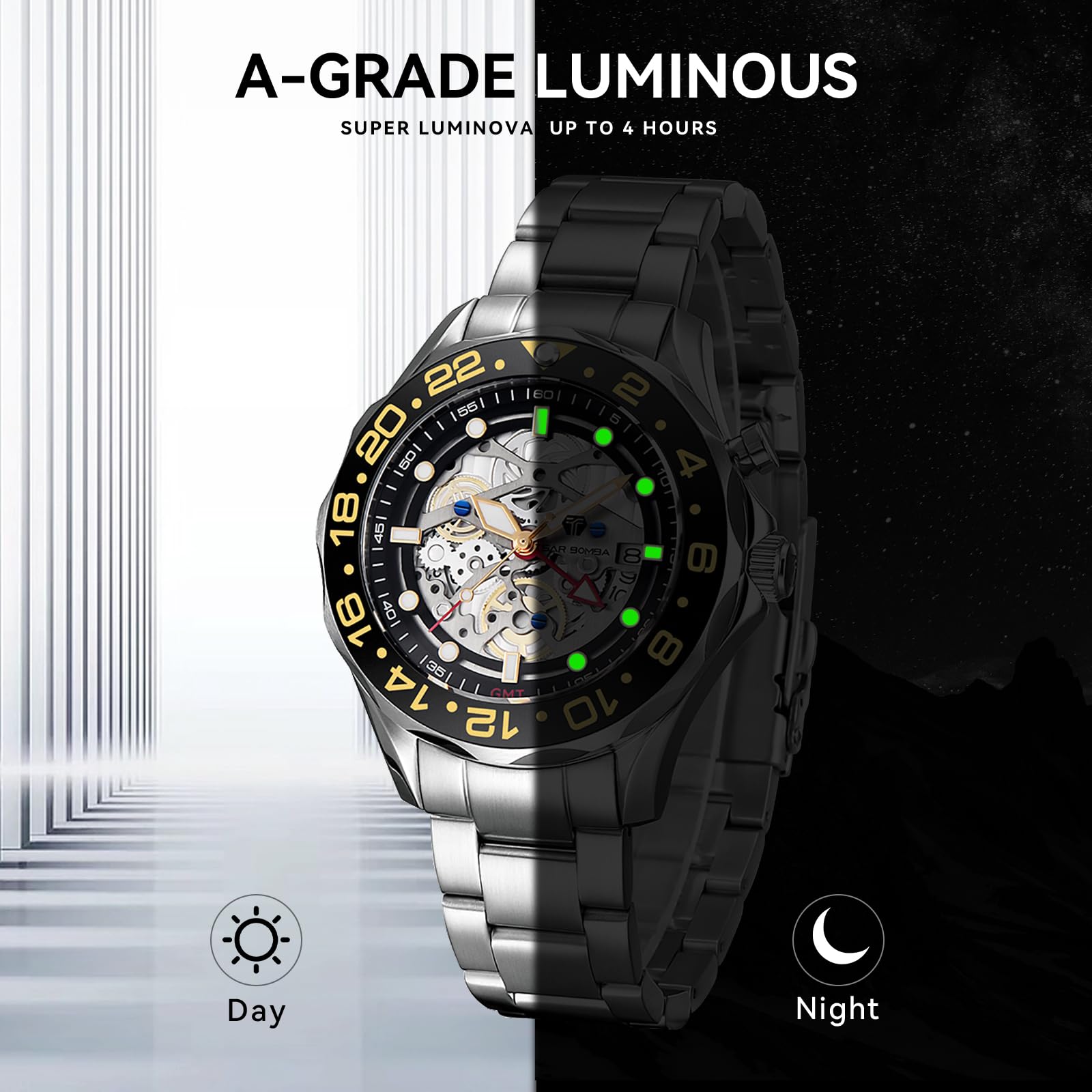 Luxury Automatic Square Tonneau Men's Watch - 50M Waterproof Skeleton Mechanical Silver Wristwatch with Silicone Strap | Stylish & Unique Design for Business, Casual & Formal Occasions
