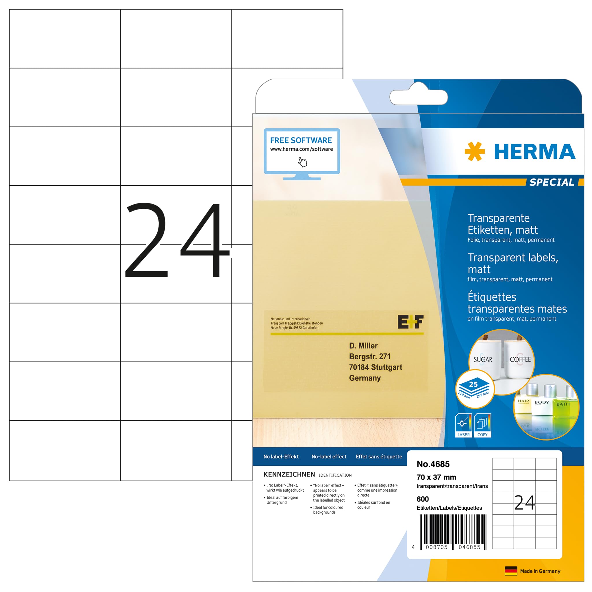 HERMA Self Adhesive Clear Film Labels - 600 Blank Weatherproof Stickers (70x37mm) for Laser & Inkjet Printers - 25 A4 Sheets with 24 Labels Each - Perfect for Shipping, Organizing & Crafting - Transparent Adhesive Labels for Indoor & Outdoor Use