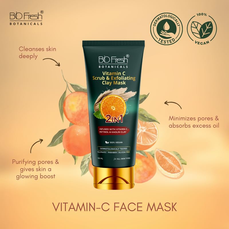 BioFresh Botanicals Vitamin C Exfoliating Clay Mask - Paraben & Sulfate Free for All Skin Types | Brightening & Detoxifying Facial Treatment for Glowing Skin