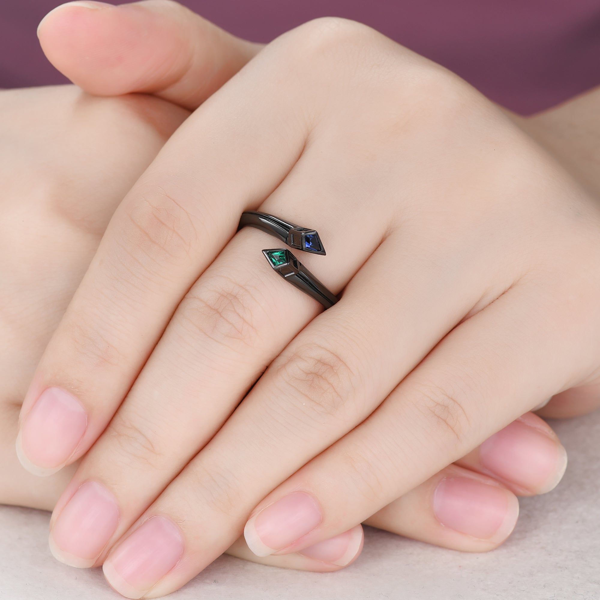 Black Gold Snake Sapphire Emerald Wedding Band - Adjustable Open Ring for Women - Perfect for Engagement, Anniversary & Unique Jewelry Gifts