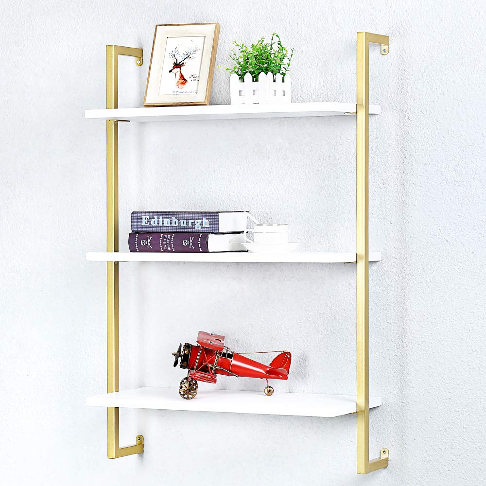 Industrial Metal & Wood Floating Wall Shelf - 24 Inch Real Wood Book Shelf, 3 Tier Wall Mounted Storage for Bedroom, Office, Living Room - Perfect for Displaying Books, Decor & Organizing Small Spaces